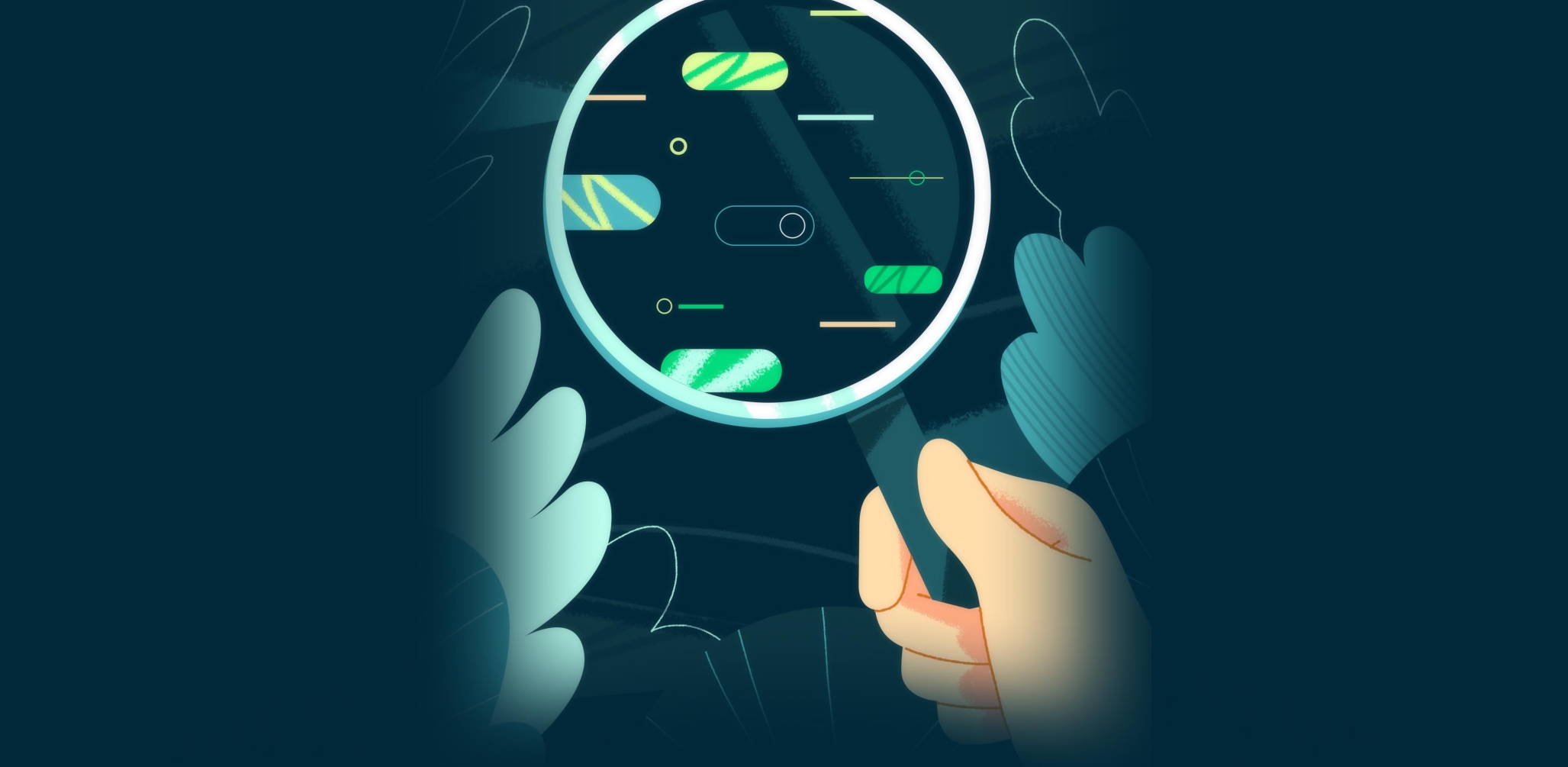 An illustrative forest with different colored plants and trees surrounding it