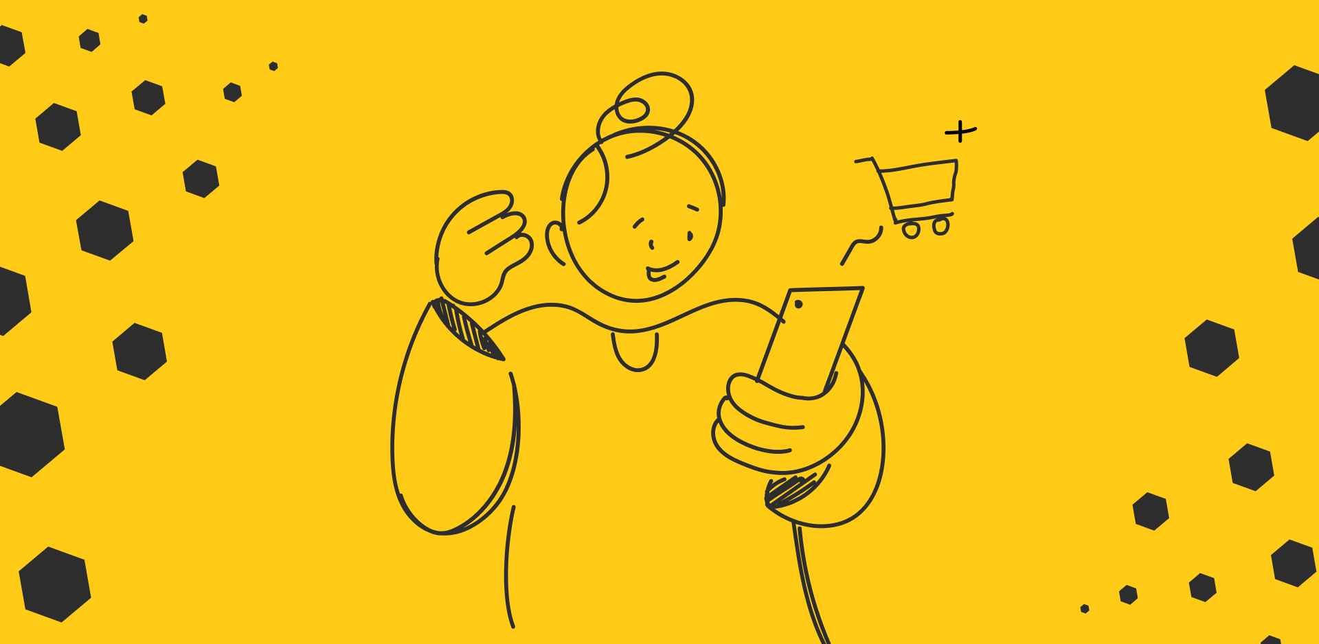 An illustrated person holding a phone