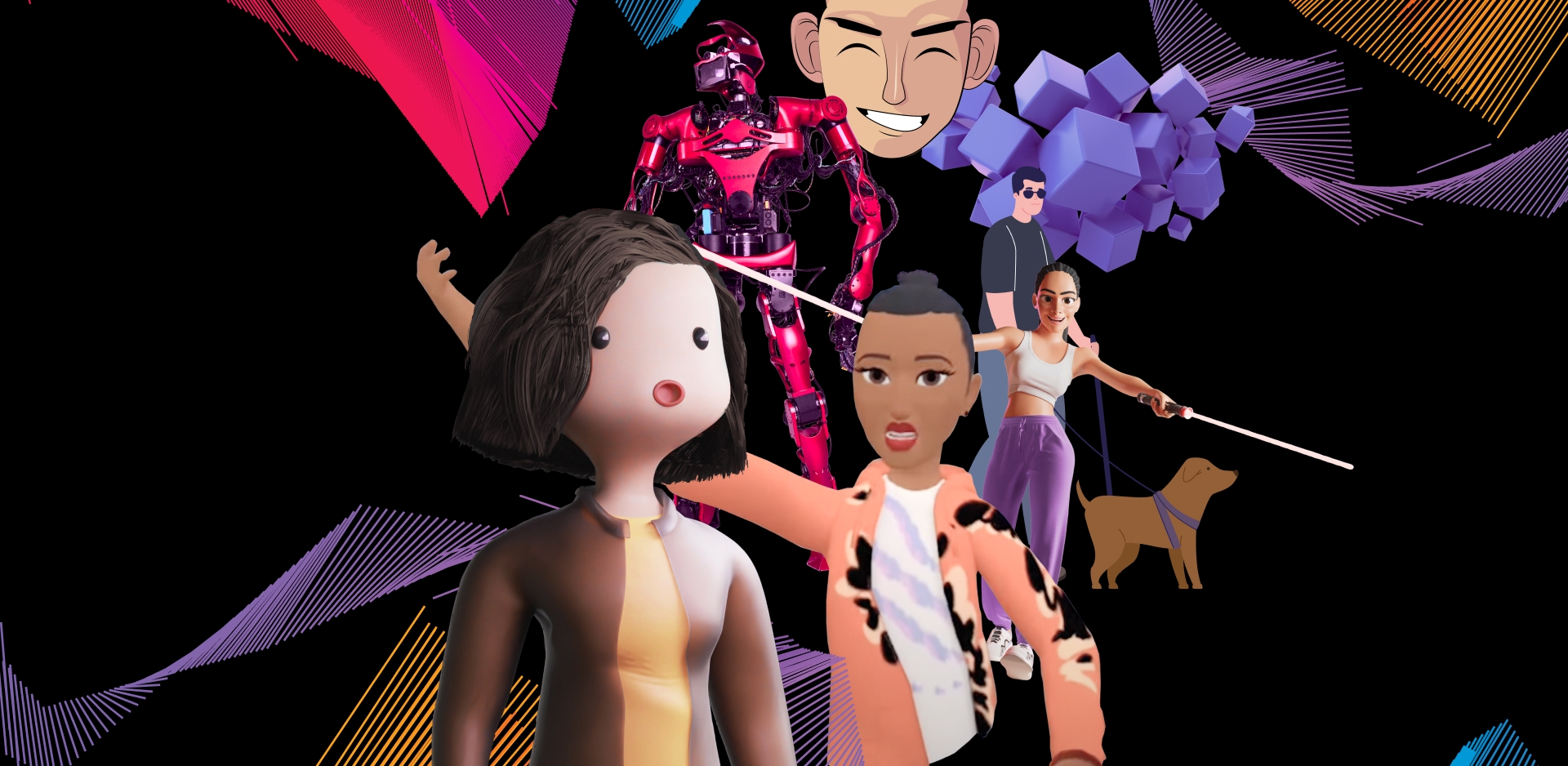 group of various avatars, including a woman in athleisure outfit with lightsabers, a robot in armor, a smiling man, a man with a seeing eye dog, and more