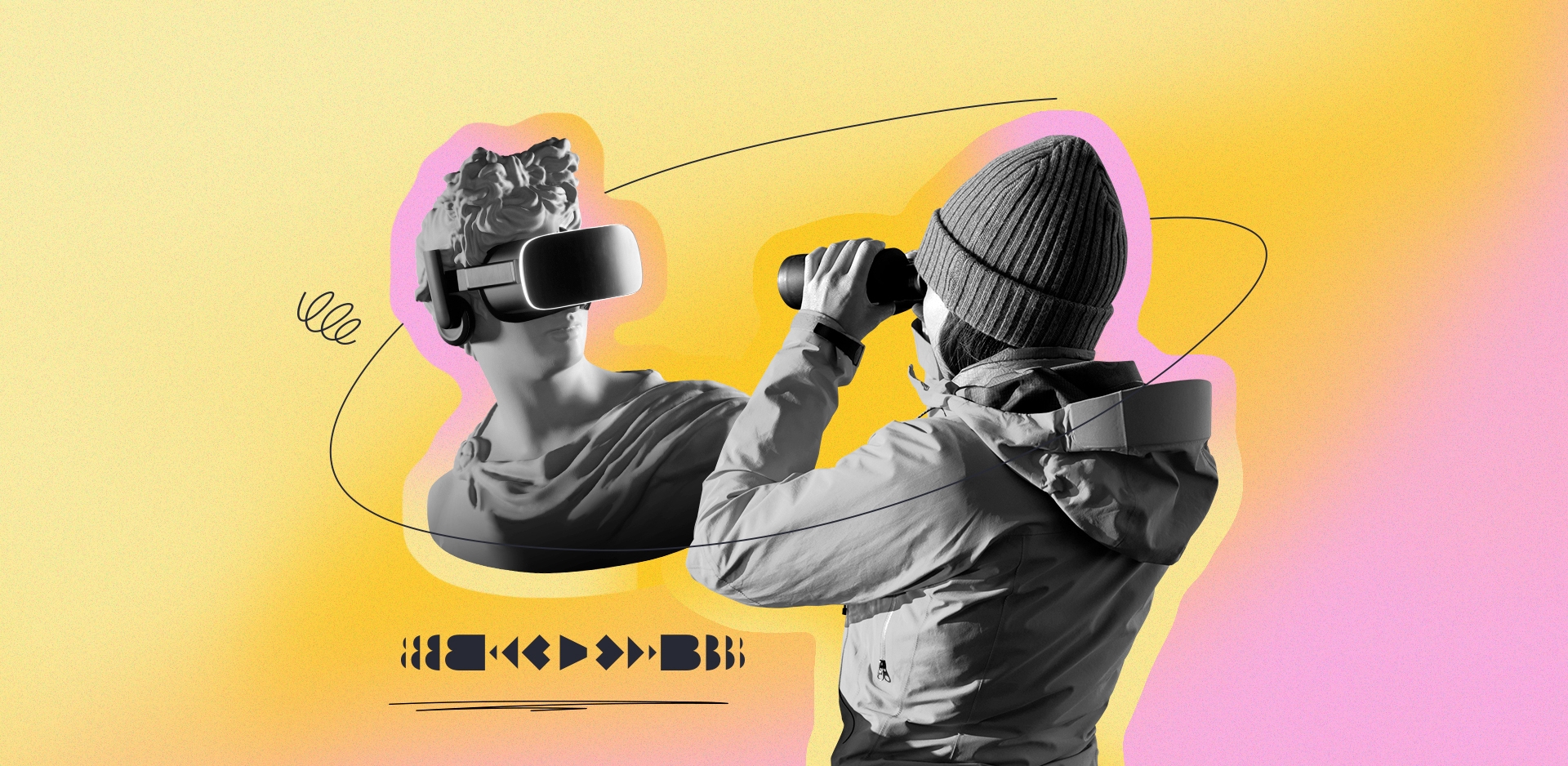 Greek statue with VR headset and women looking out with binoculars