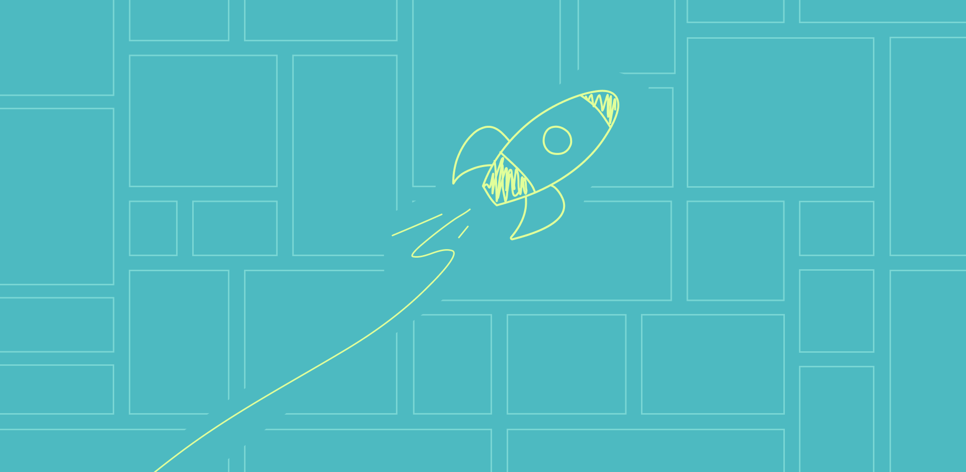 An illustrated rocketship shoots off into space