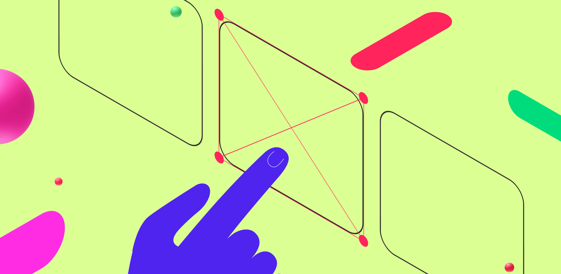 A illustration of a hand pressing on mobile prototypes