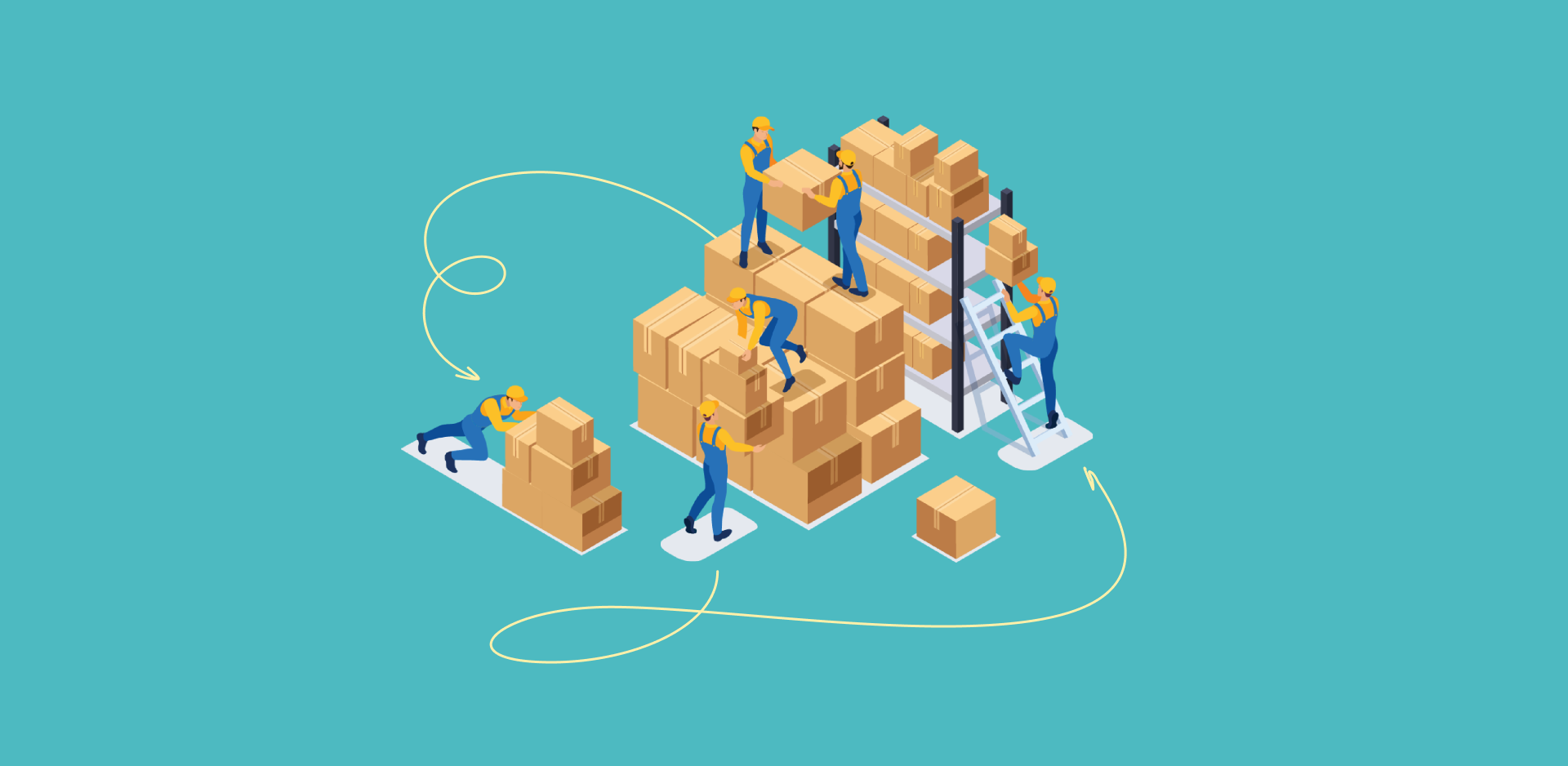 An illustrative team of workers moving boxes