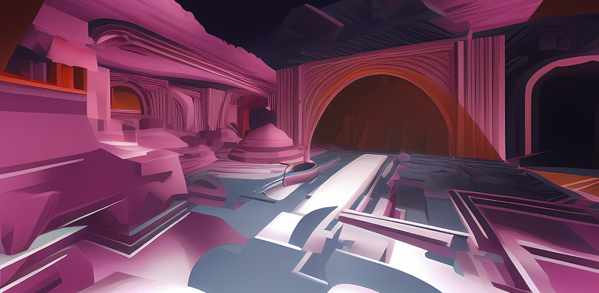 A digital view of inside a castle with pink walls and stairs