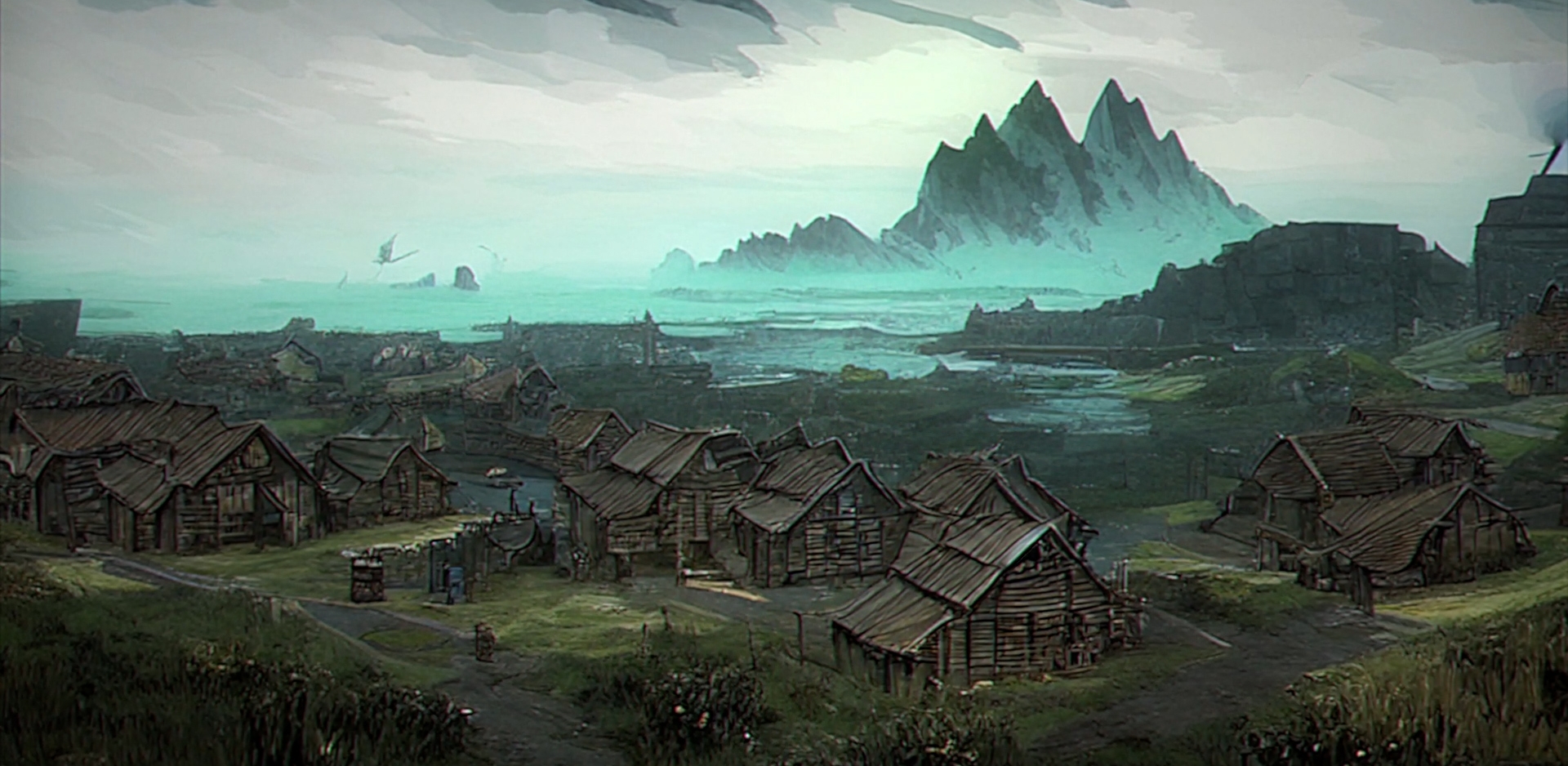 A landscape animated mountainside with mist and fog