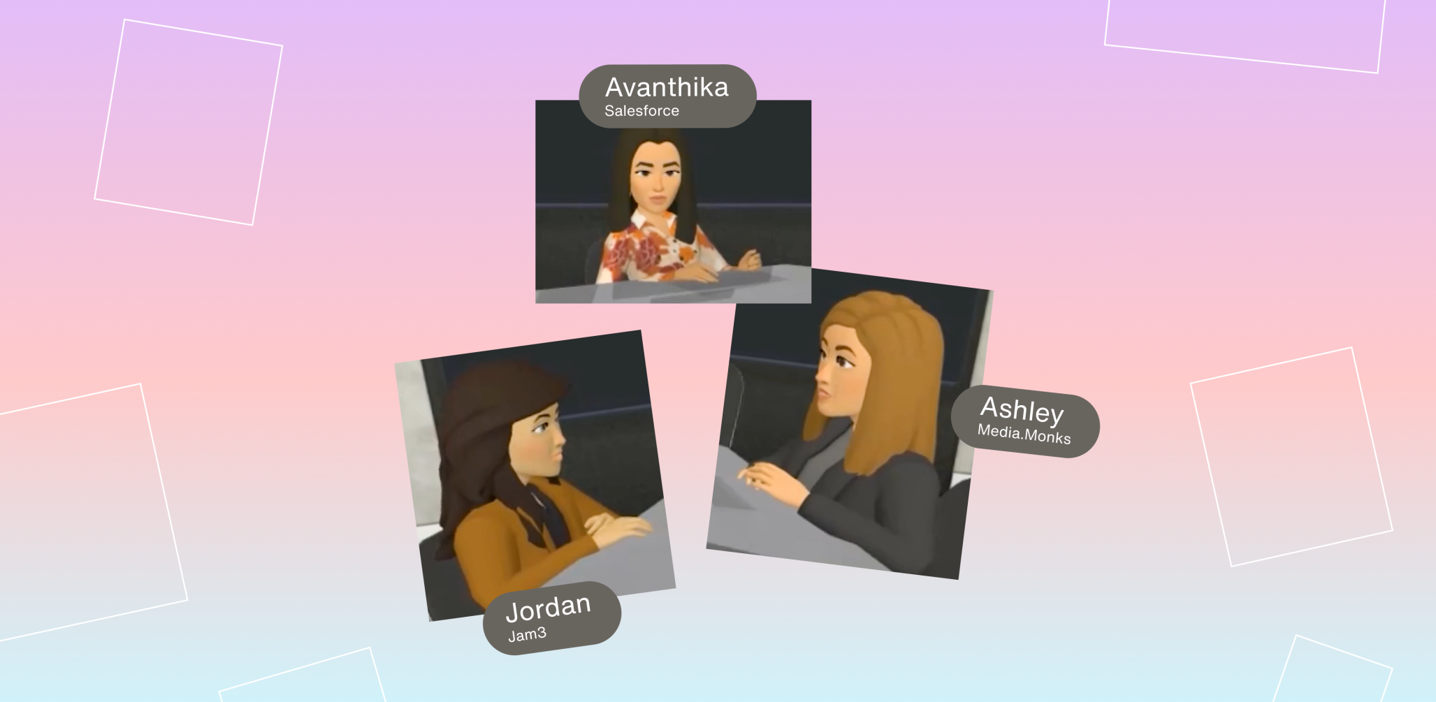 three portraits of women avatars in the metaverse against a rainbow background