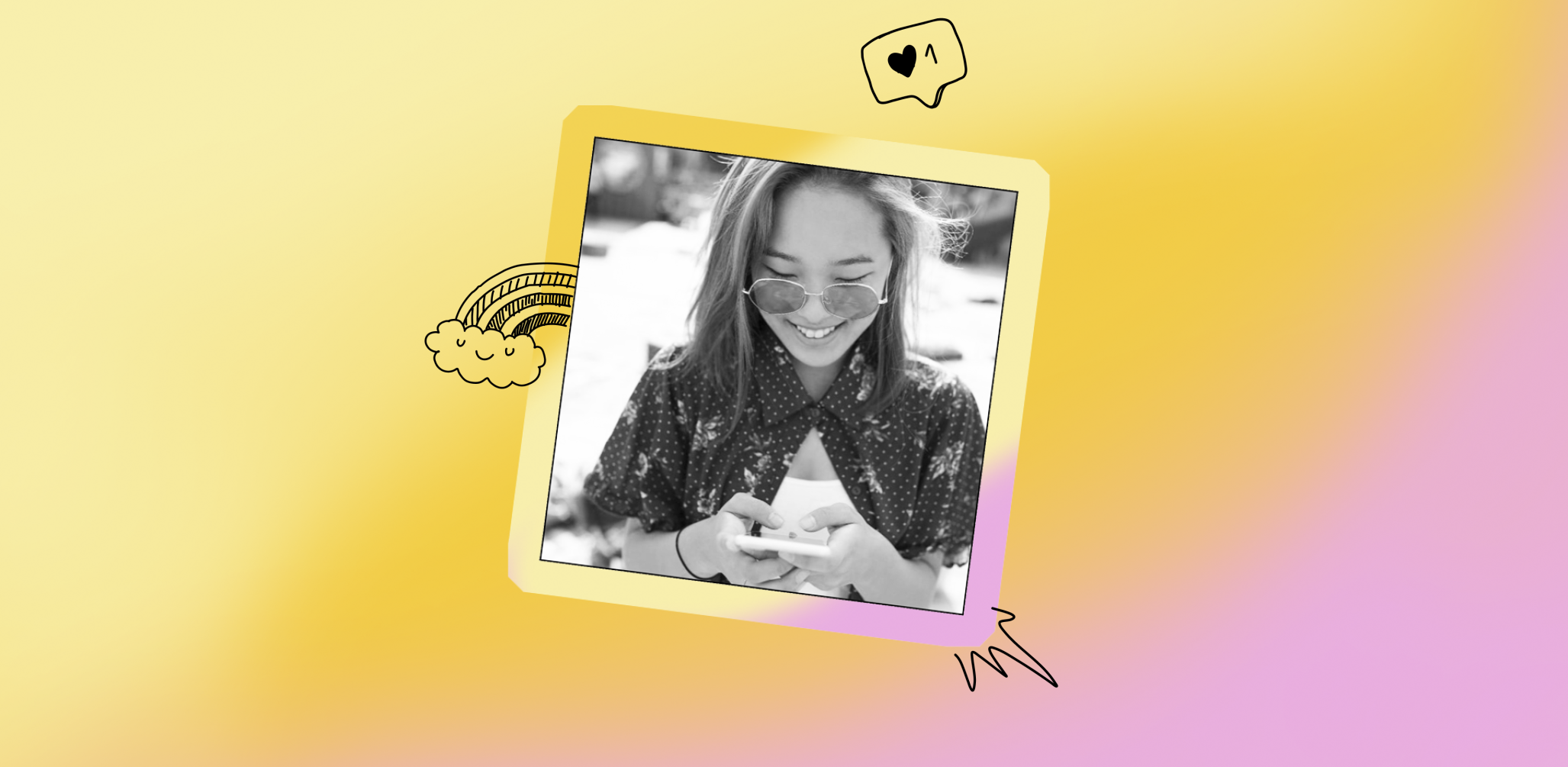 photo of a woman holding a phone while smiling against a yellow to pink gradient backdrop with doodles floating around her