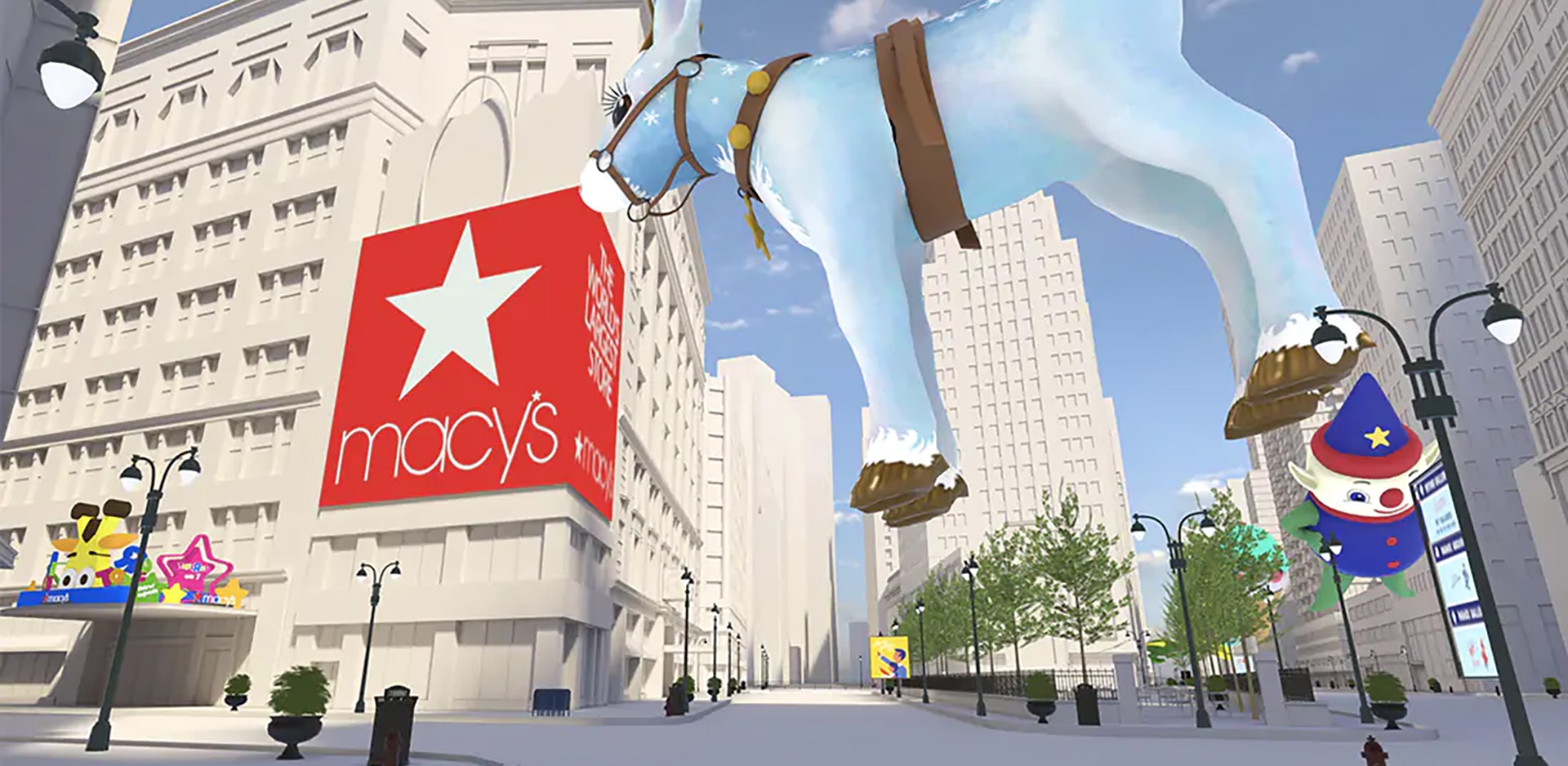 A virtual Macy's thanksgiving parade with buildings a parade floats