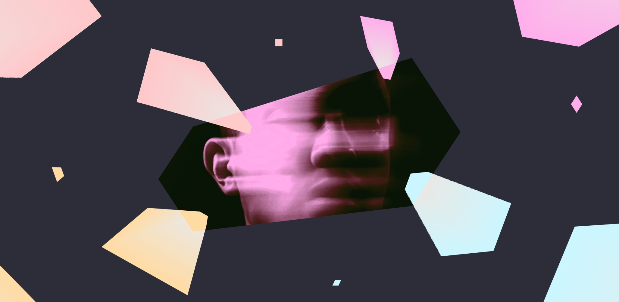 Colorful crystals and shapes fly out of an image of person shaking their head