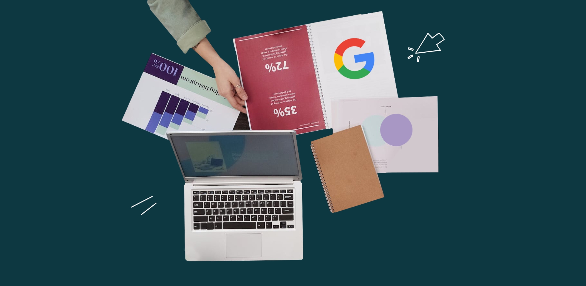 An arm writing on notebooks and handouts with a laptop