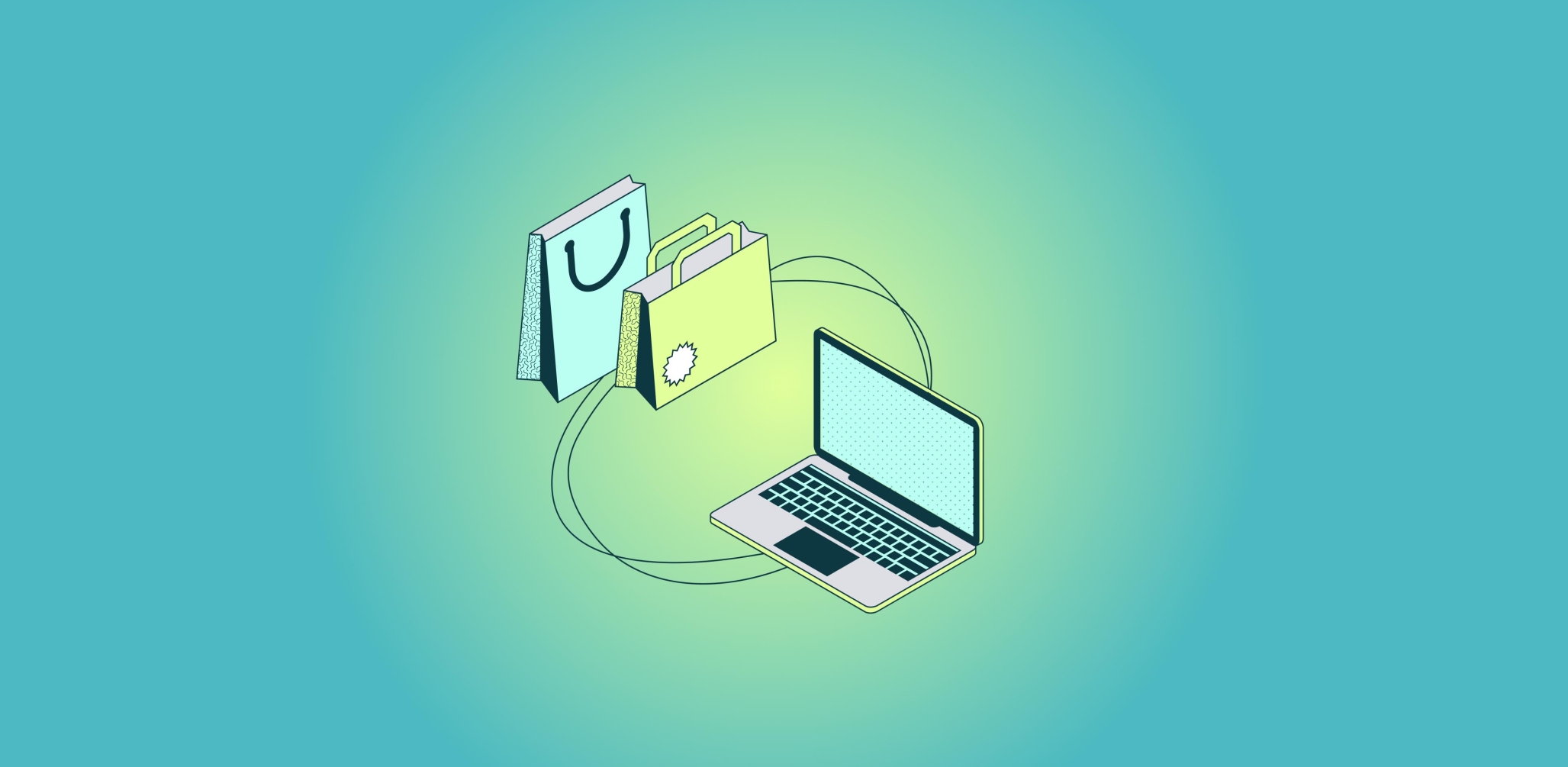 Three graphics, one being a computer, and the other two being shopping bags
