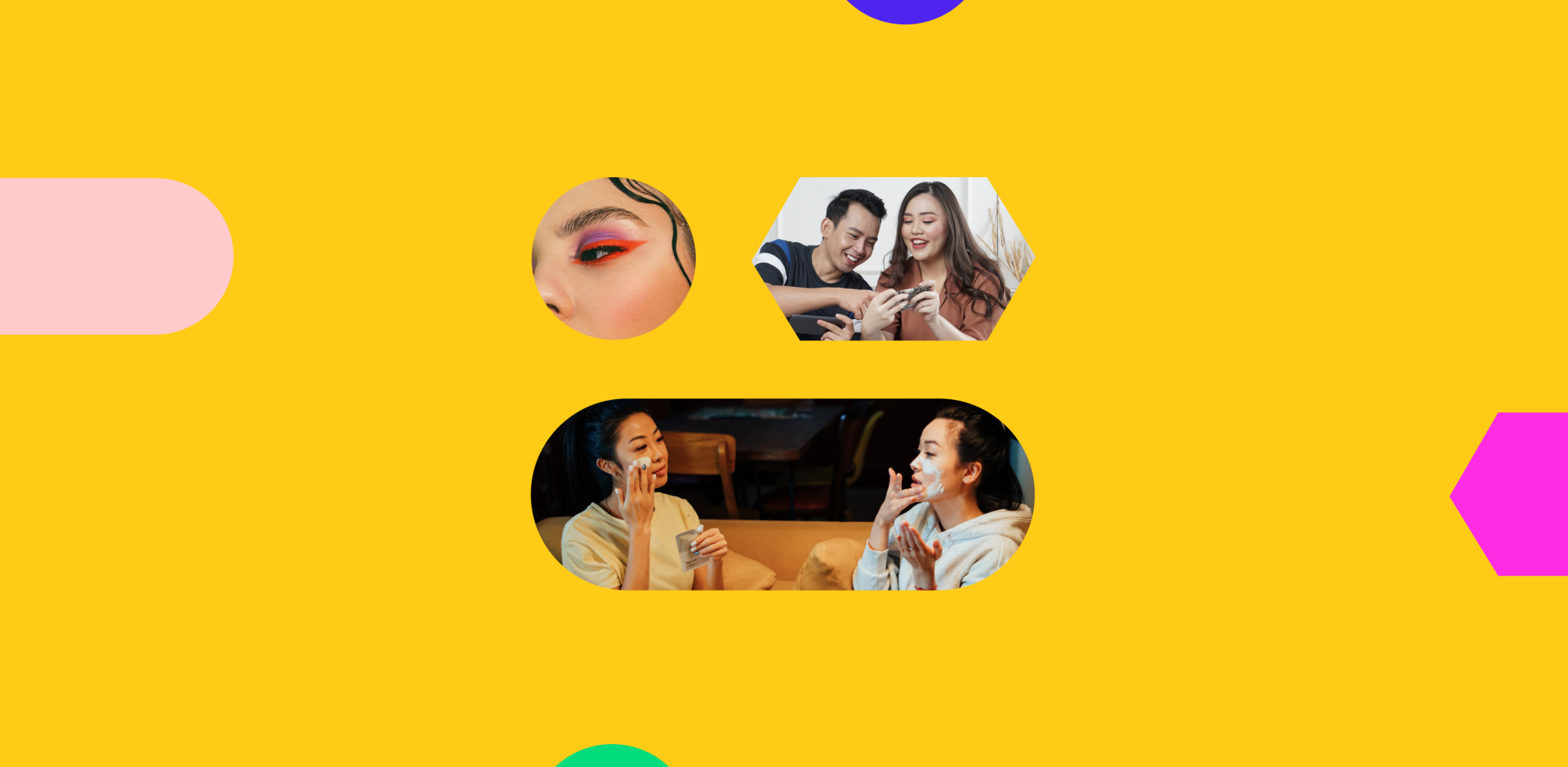 A colorful collage of people checking their cellphones and shopping