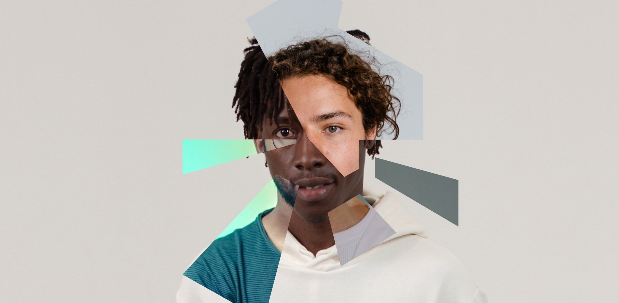 A person with a collage design showing many different people's faces