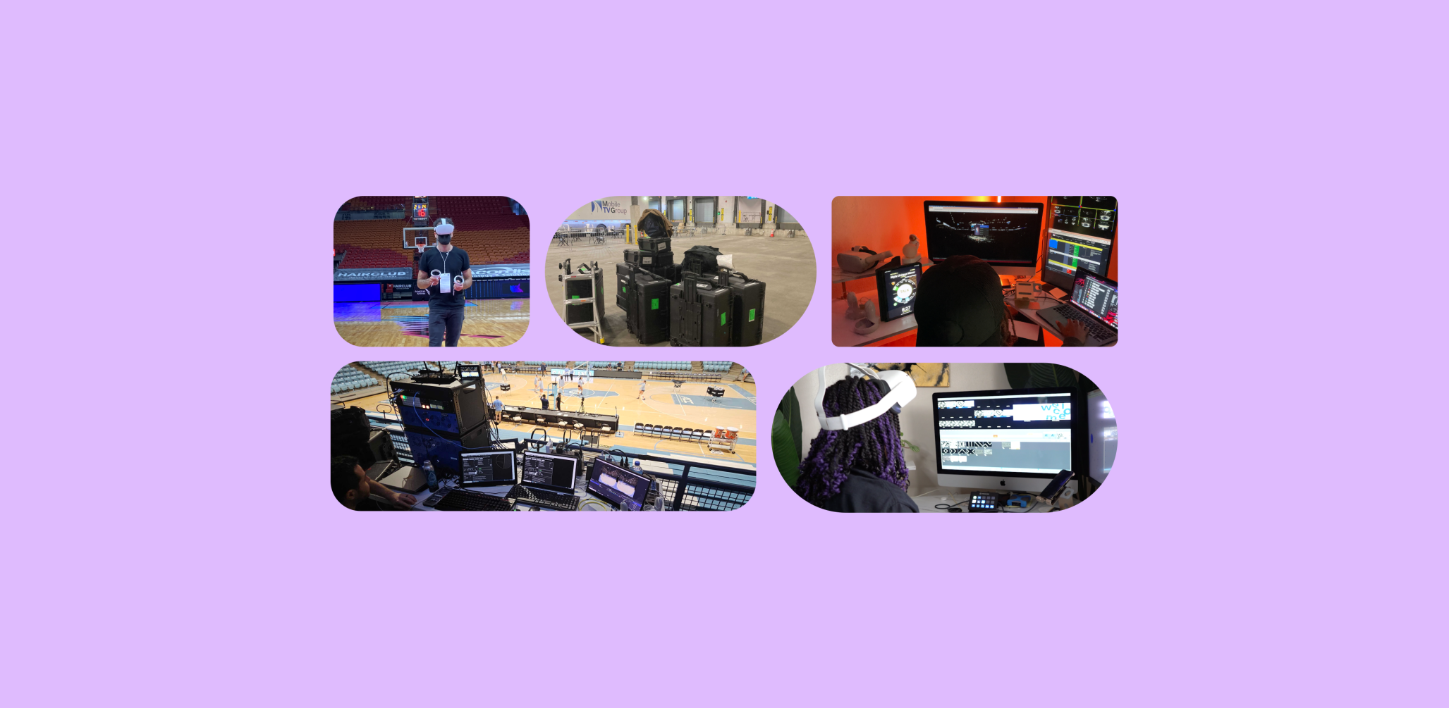 VR headsets and production equipment images are collaged together