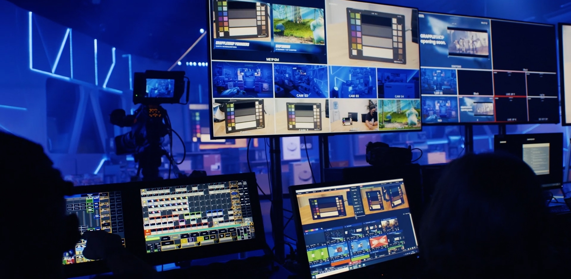 A broadcast room with so many monitors and a soundstage
