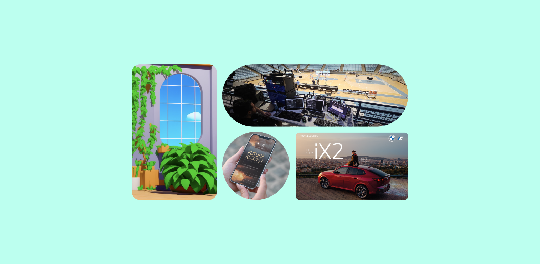 Collage of four images: a plant-strewn wall with a window in a cartoon world, AV equipment overlooking a basketball court, virtual influencer Lil Miquela sitting on a car, and a smartphone featuring the words "Future Record."