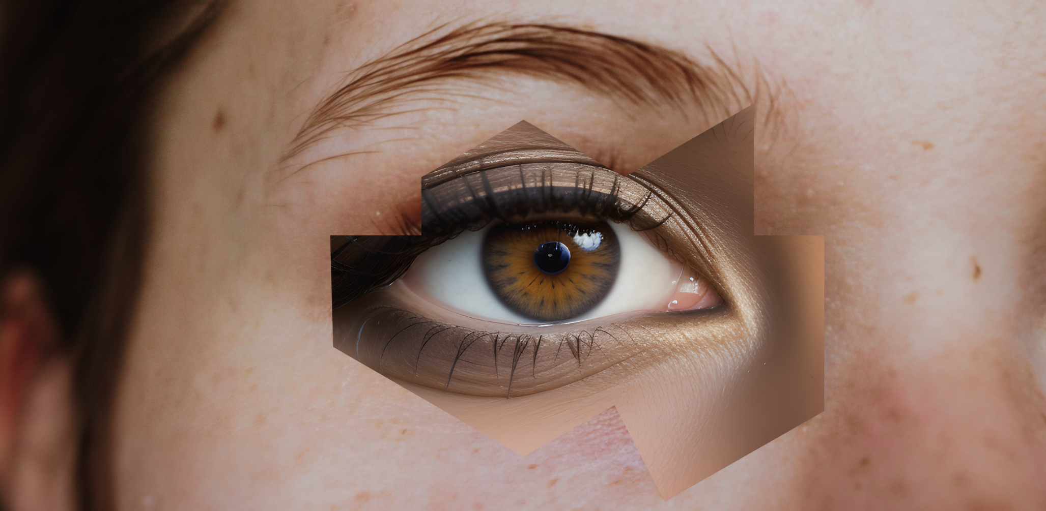 Collaged image of one person's eye overlaying another.