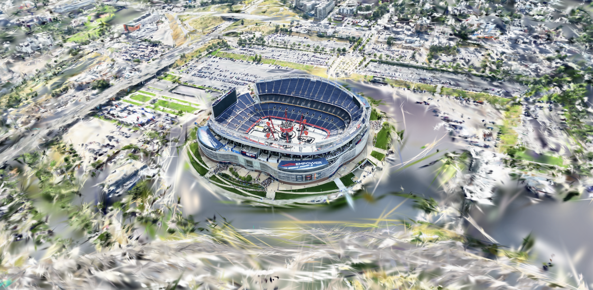 aerial view of a stadium with computer effects swirling around it