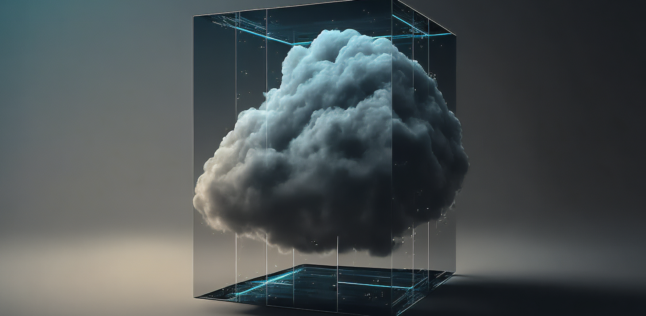 Abstract image of a storm cloud encased within a transparent box.
