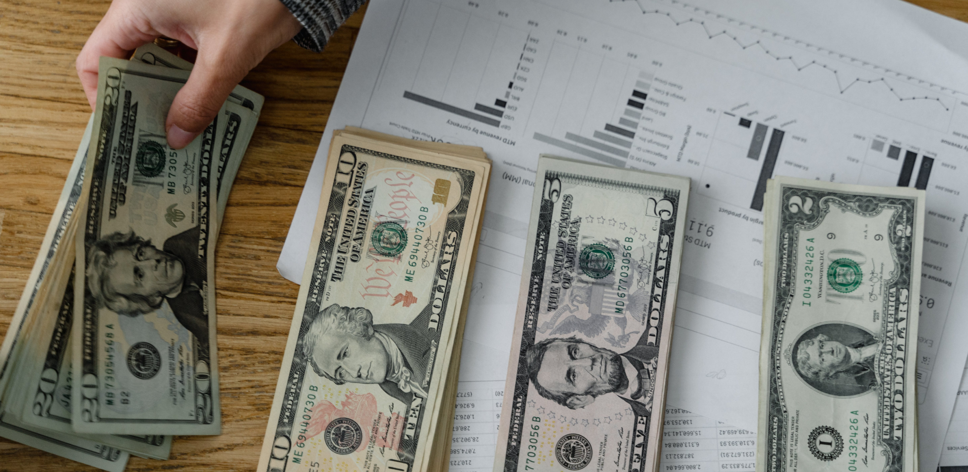 Four stacks of cash sitting atop a printout of different charts and graphs.