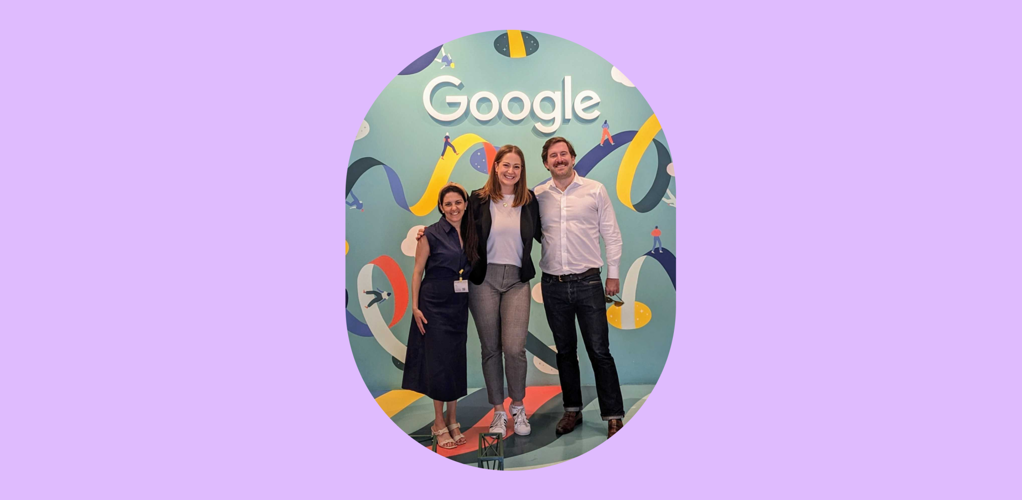 Three people in front of Google sign at GML 2024 event