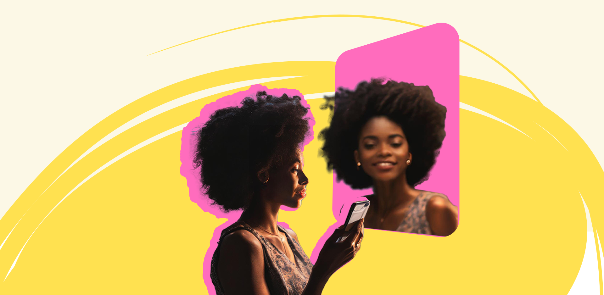 A young woman with a large afro hairstyle is holding a smartphone and looking at the screen. Her profile is highlighted with a pink outline. In the background, there is a mirror image of her smiling, framed by a pink rectangle. The backdrop features abstract yellow and white swirls.