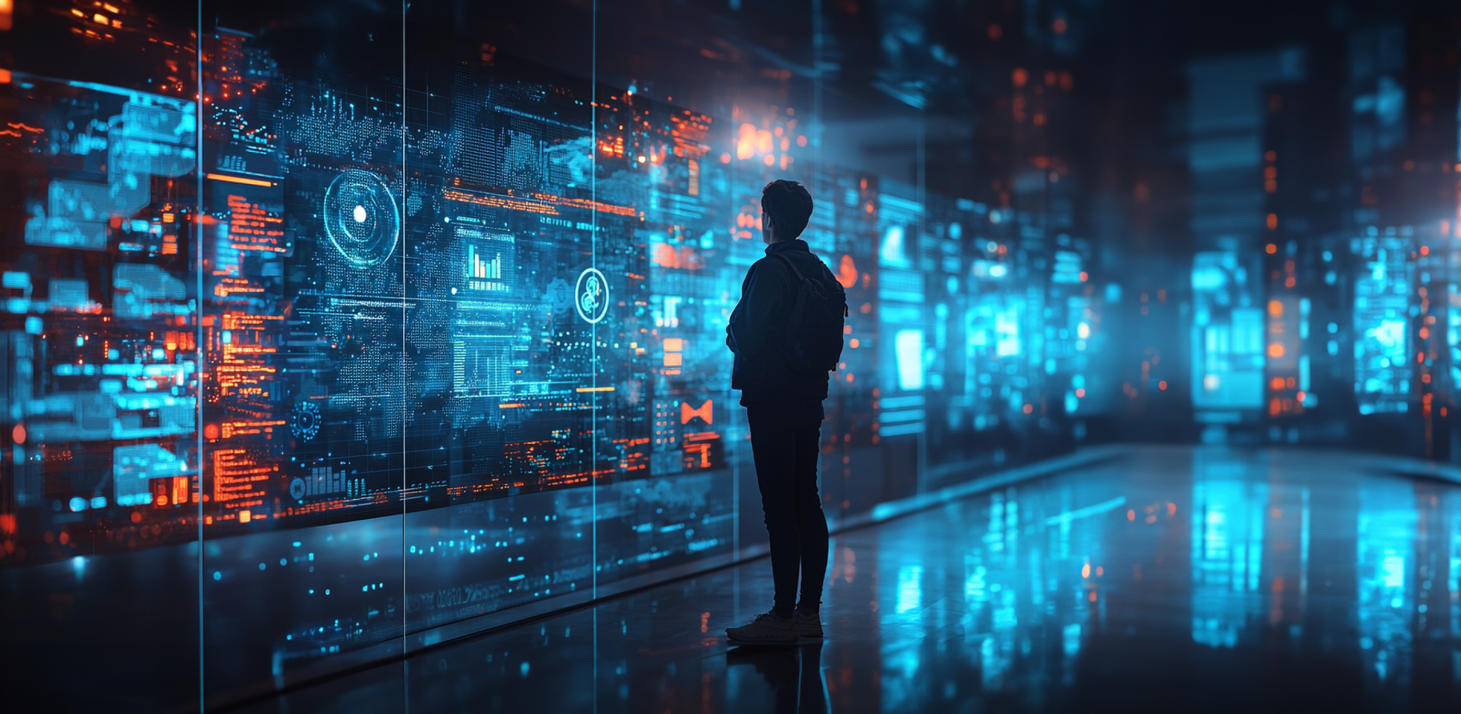 A person stands in front of a large, transparent digital screen displaying various data and graphics in bright orange and blue hues. The background is a dark, futuristic cityscape with scattered lights, creating an atmosphere of technology and innovation. The person's silhouette is central, facing the screen, suggesting interaction with the data.