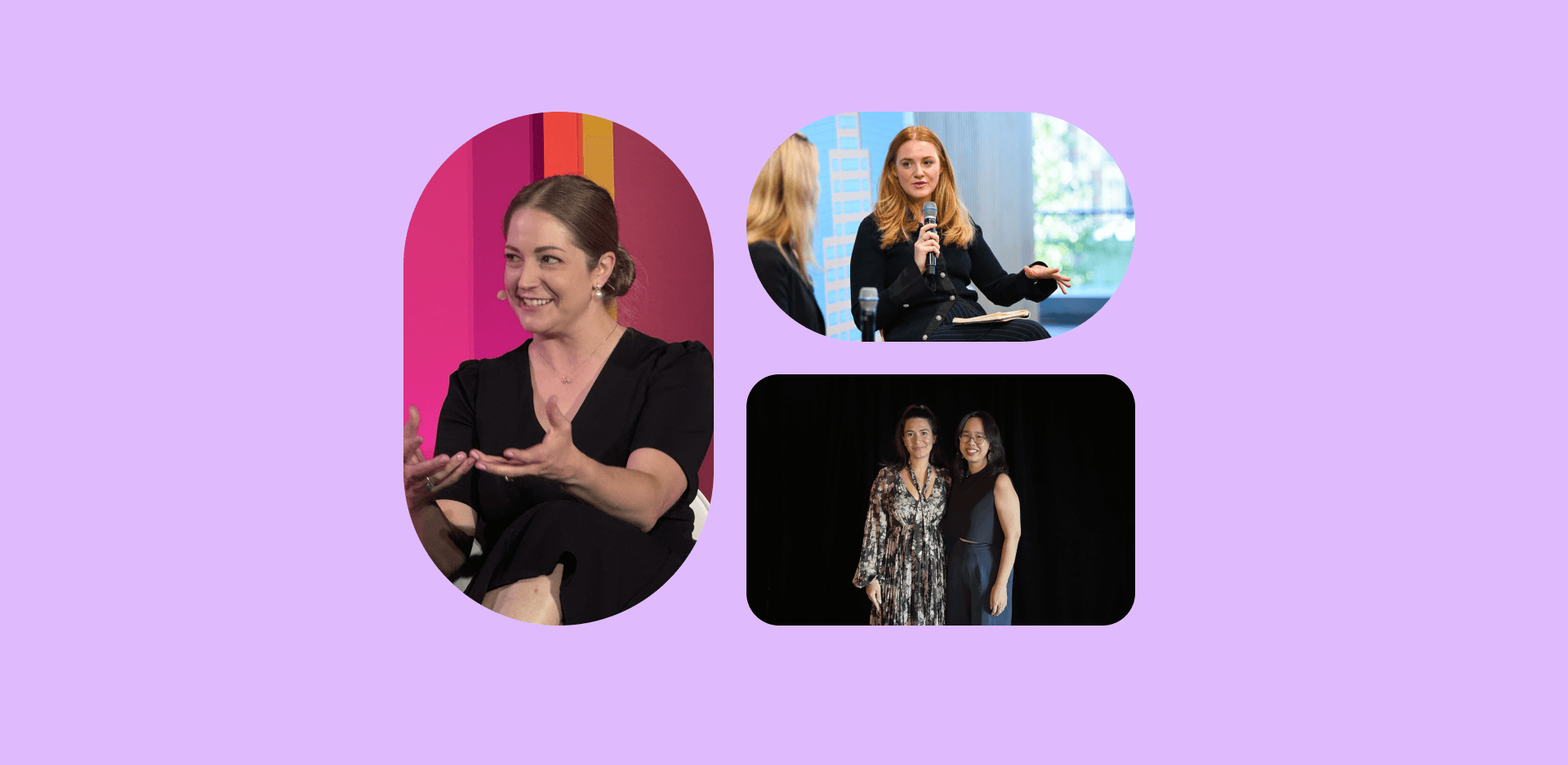 A collage of speakers across events. From left moving clockwise: Brittany Blanchard, Samantha Lynch, and Victoria Milo (left) with Vanessa Lai (right).