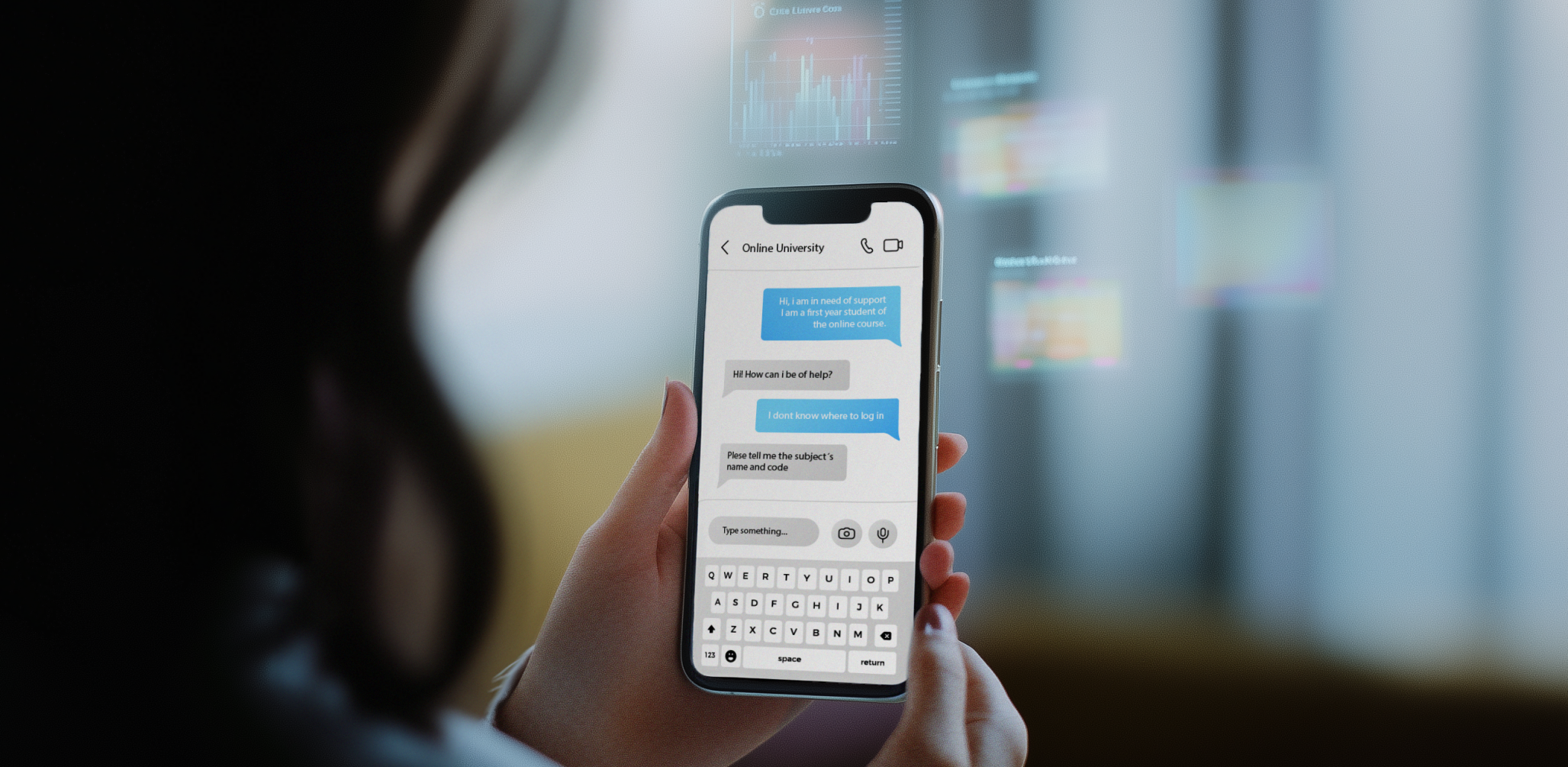 A woman holds a smartphone. The screen displays a chat interface related to "Online University." Text messages indicate a conversation about needing help with a course or login issues. There are graphical elements, possibly data visualizations, floating in the background, suggesting a digital or educational context. The person's hand and part of their face are visible, but their features are not clearly defined.