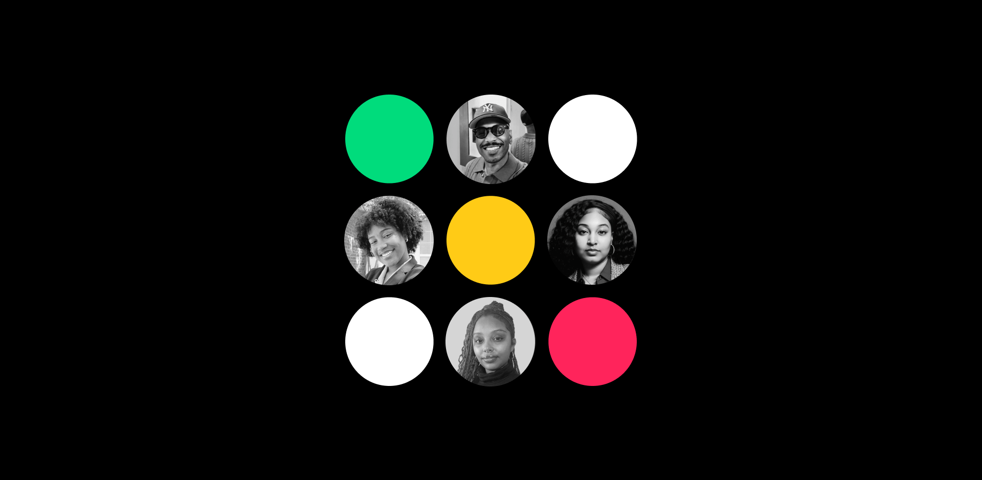 A design of nine circles, arranged in a 3 by 3 square. Four of them include headshots of the employees featured in the blog post.