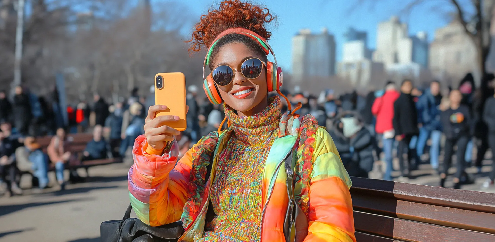 A girl taking a picture on her phone sitting in the park