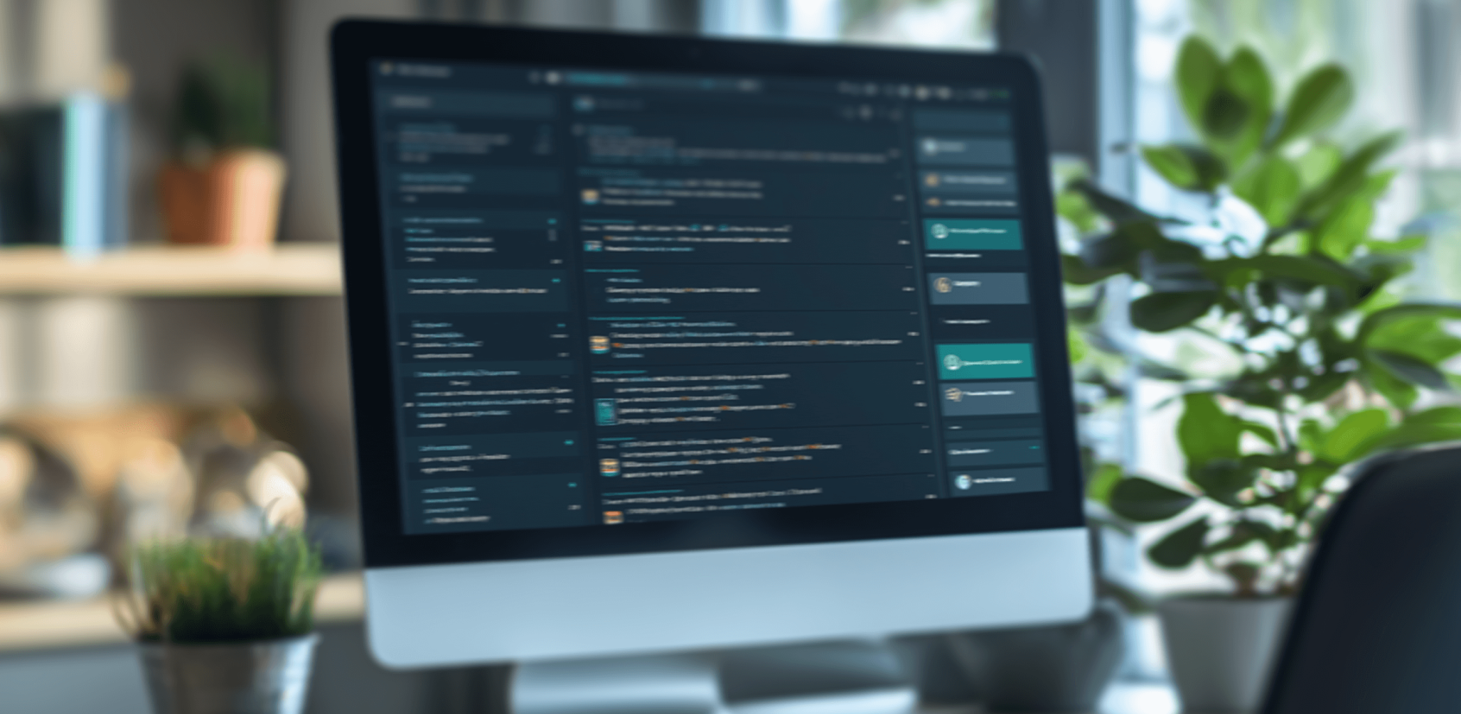 A modern computer monitor displaying a chat or messaging application with a dark theme. The screen shows several conversations and user interactions. In the background, there are blurred office elements, including a potted plant and some shelves, creating a cozy and organized workspace atmosphere.