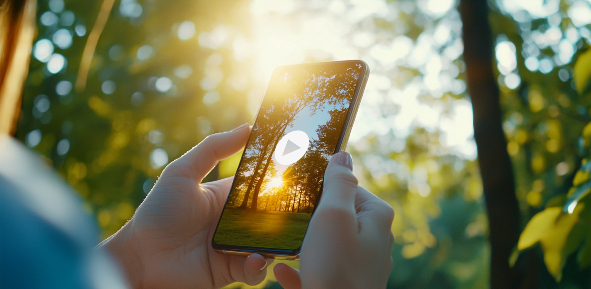 A person holding a smartphone outdoors in a forested area, with sunlight streaming through the trees. The phone screen displays an image of trees and sunlight, with a play button icon in the center, suggesting a video. The background is softly blurred, highlighting the natural setting.