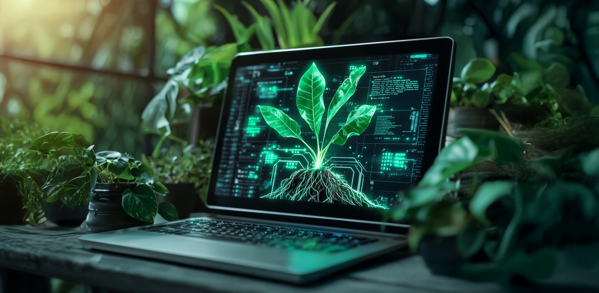 A laptop on a wooden table surrounded by potted plants, with its screen displaying a digital illustration of a green plant with visible roots and leaves, overlaid with data and code graphics. The setting is lush and green, suggesting a connection between technology and nature. Sunlight filters through the foliage in the background.