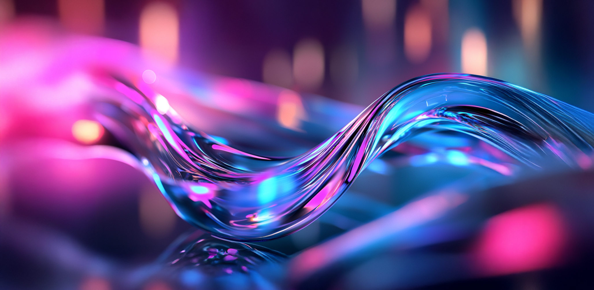 A vibrant, flowing wave of translucent material reflecting colorful lights in shades of pink, blue, and purple. The background features a soft bokeh effect with blurred light sources, enhancing the ethereal and dynamic feel of the scene.