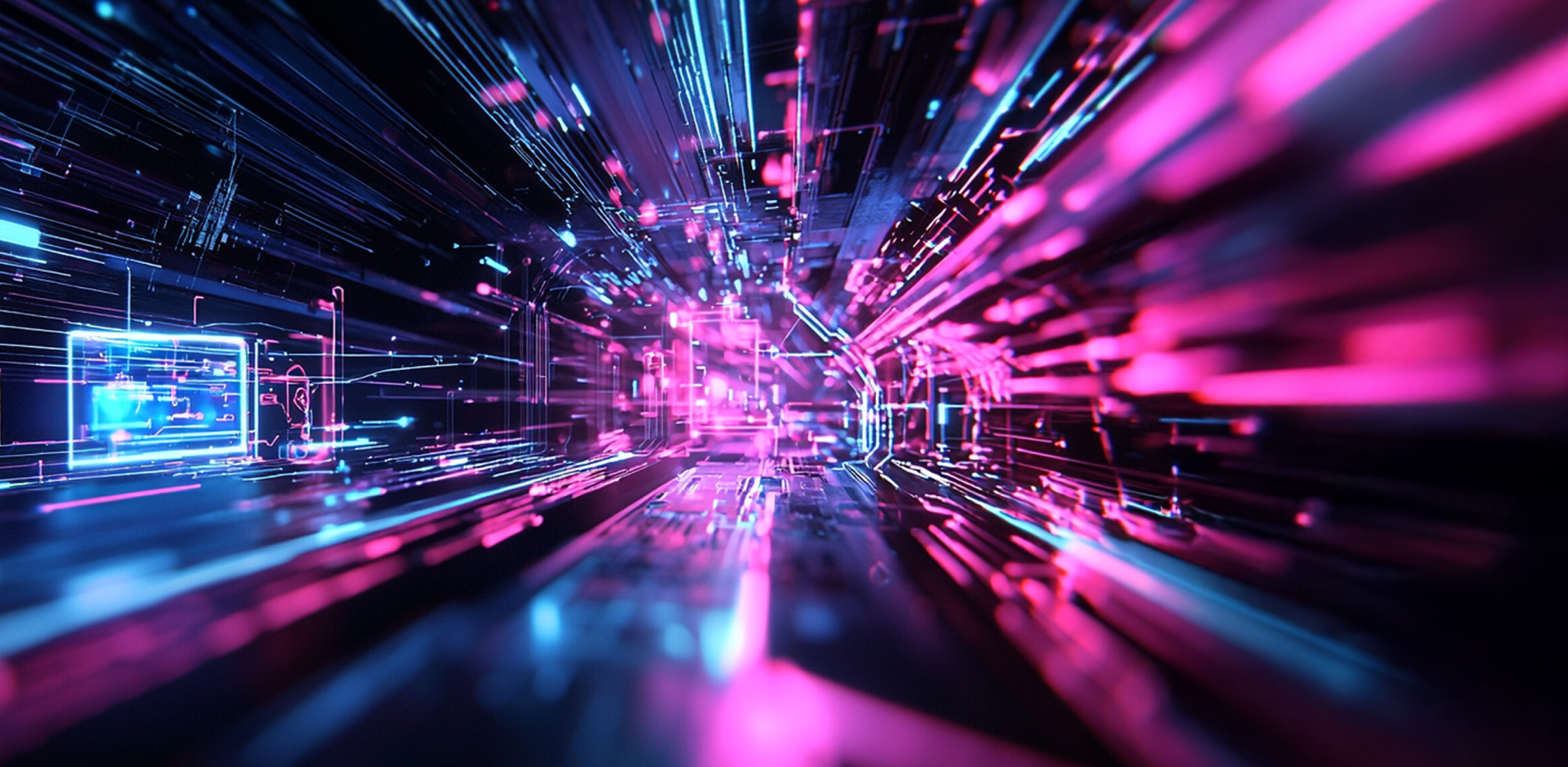 A digital rendering depicts a tunnel-like space filled with streaks of pink and blue light, suggesting high-speed data transfer or a futuristic environment. The lights are arranged in a way that creates a sense of depth and motion, as if one is traveling through a digital network. The overall effect is vibrant and dynamic, with the contrasting colors adding to the visual interest.