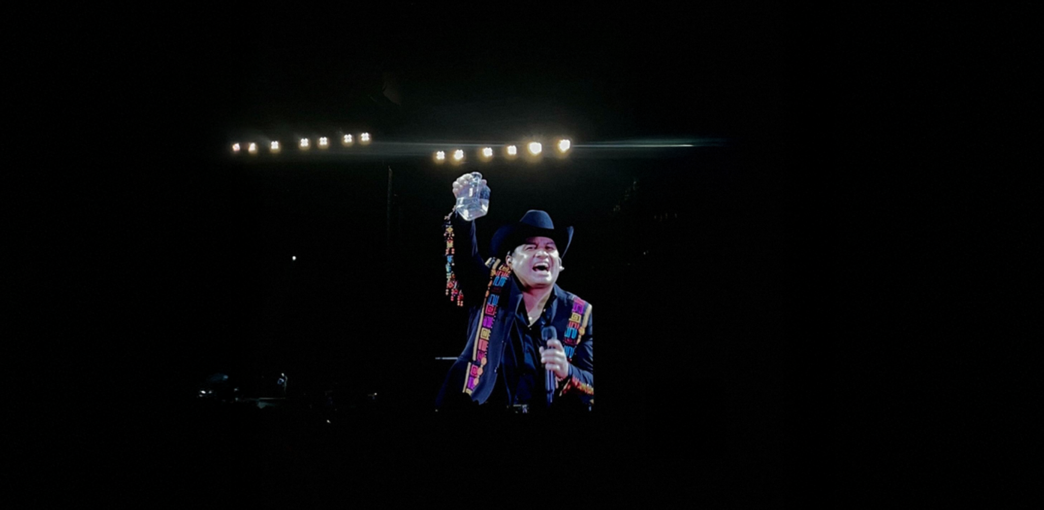 Julión Álvarez, wearing a black cowboy hat and a colorful embroidered jacket, performs on stage at SoFi Stadium. He is smiling, holding a microphone in one hand and raising a bottle in the other. Bright stage lights shine behind him, and the background is mostly dark.