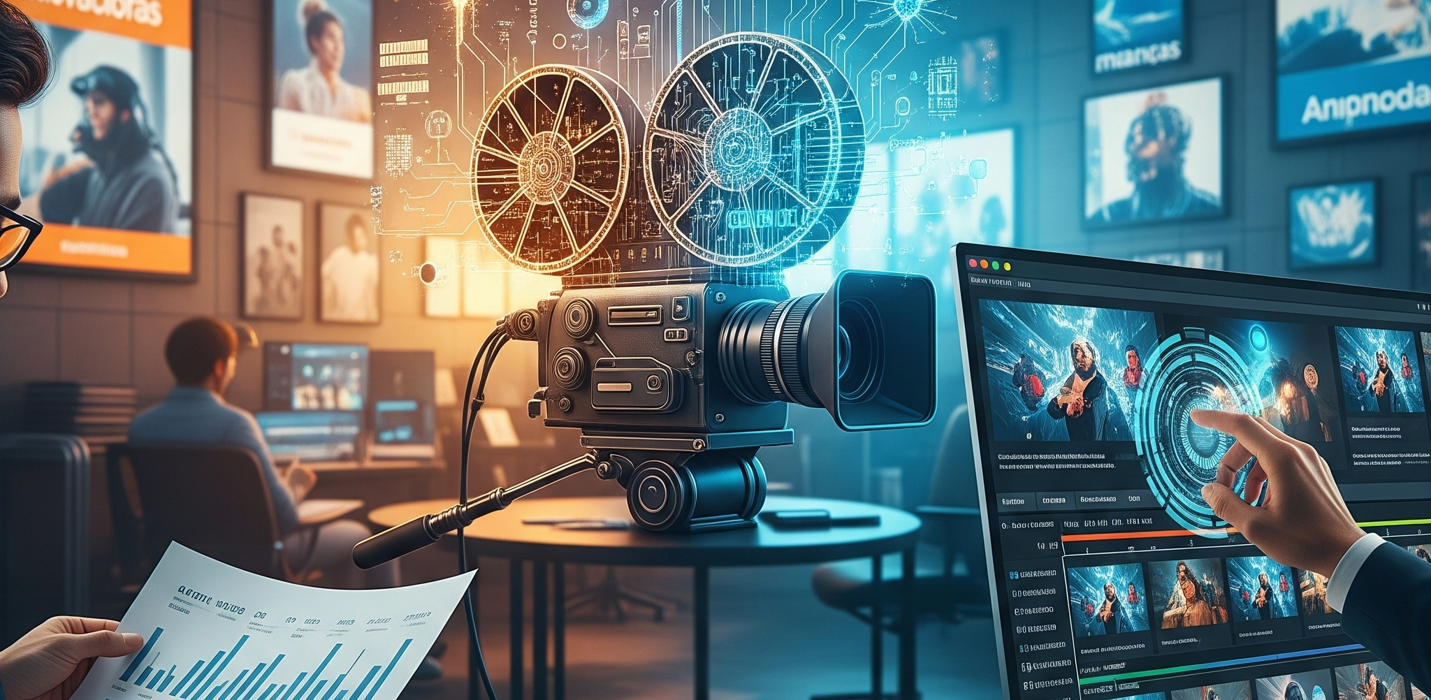 Camera on the center with reports and a computer
