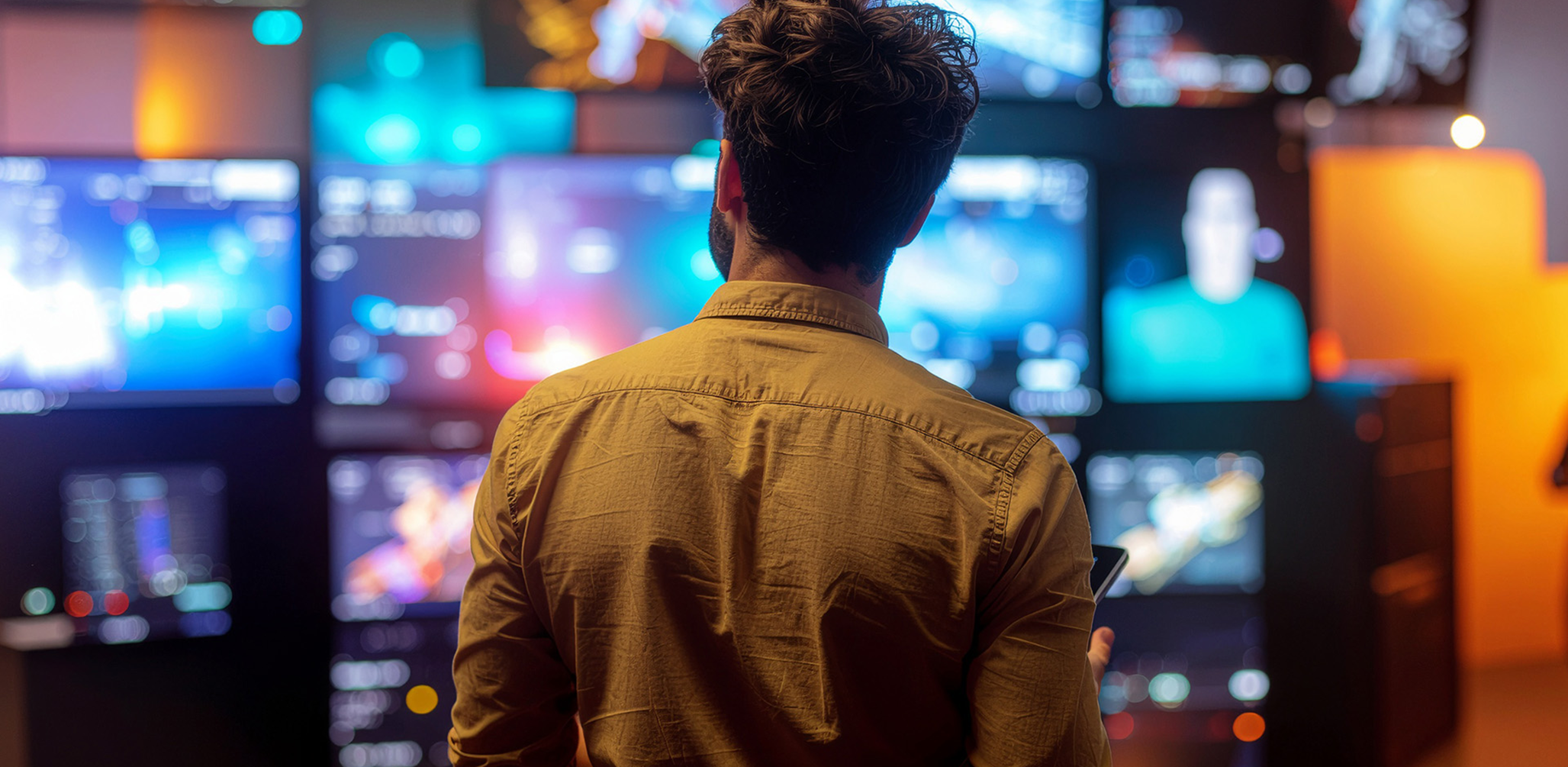 A man with dark, wavy hair stands with his back to the camera, wearing a mustard-yellow button-down shirt. He is looking at a large video wall composed of multiple screens, each glowing with bright, colorful, and abstract digital displays in a dimly lit room.