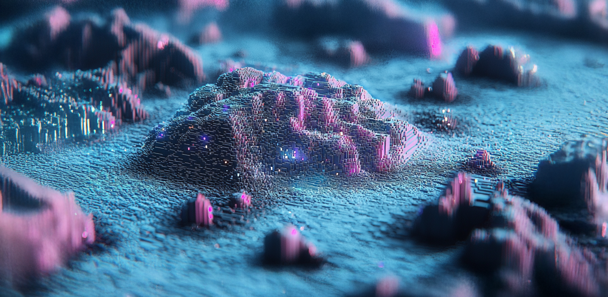 A digital landscape features pixel-like blue and pink block formations resembling futuristic mountains and valleys, softly illuminated with glowing light effects.