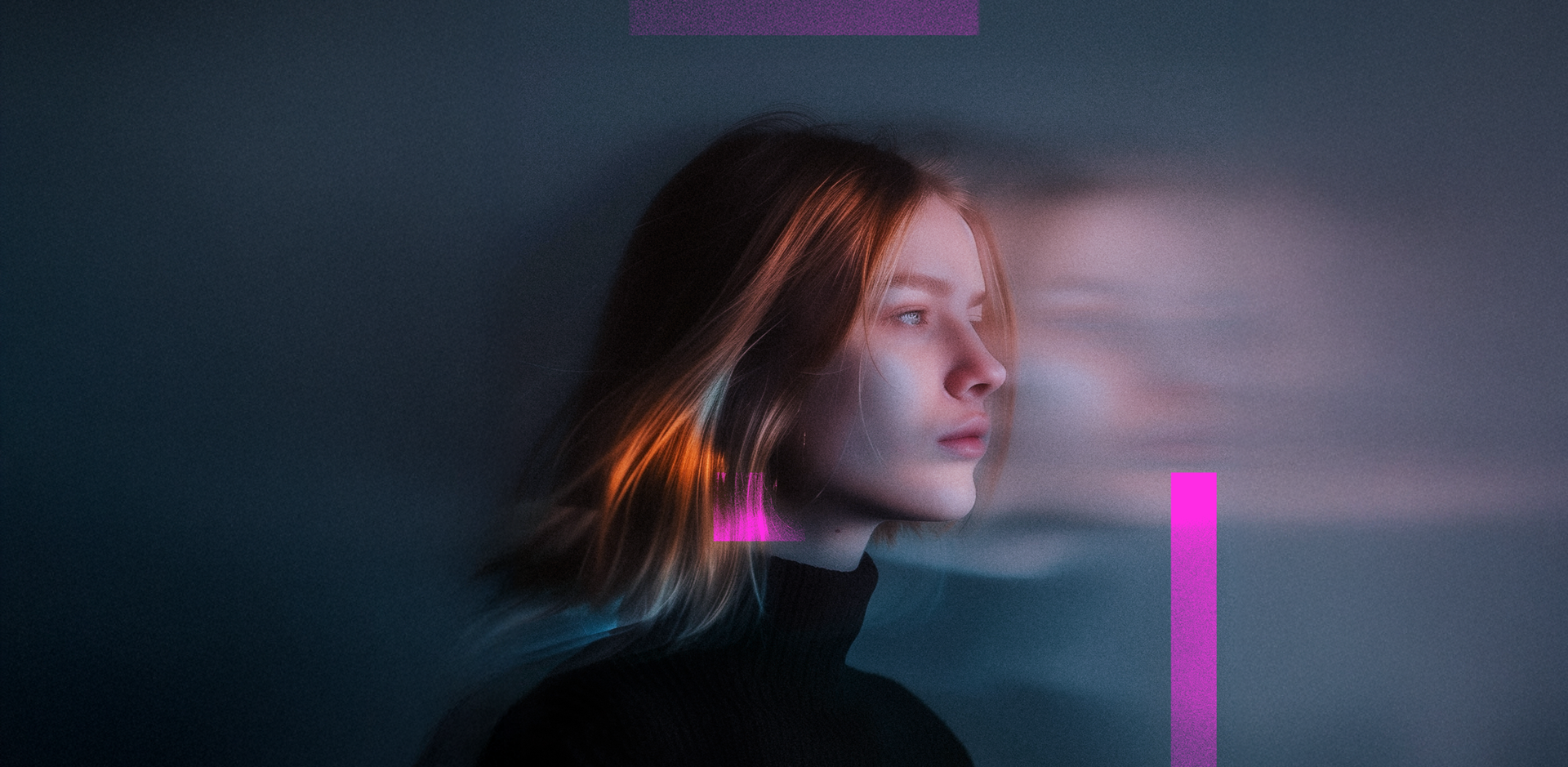 A portrait of a woman in profile, facing right, with her blonde hair blurred as if in motion. She wears a black turtleneck against a dark, moody background featuring abstract magenta and purple rectangles and vertical lines. Her face is illuminated, while the rest of the image has a blurred, dreamlike quality.
