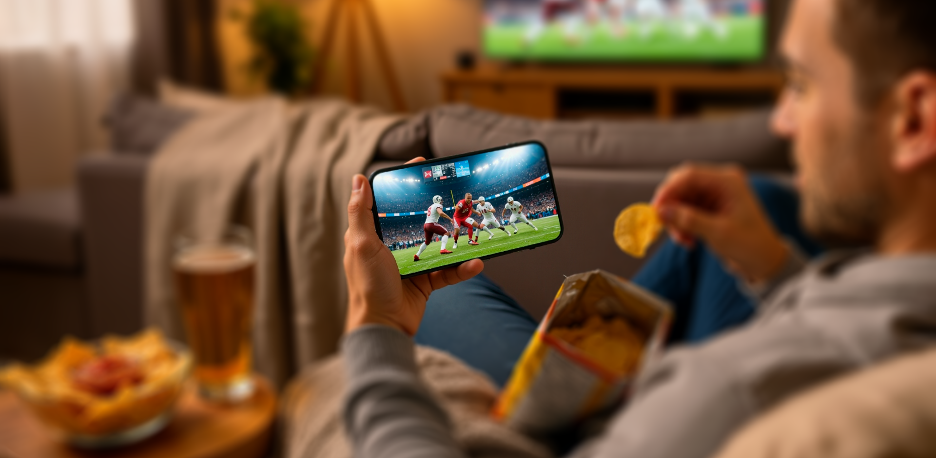 A person on a couch holds a smartphone displaying a football game, reaching into a chip bag, with another football game on a TV and snacks in the background.