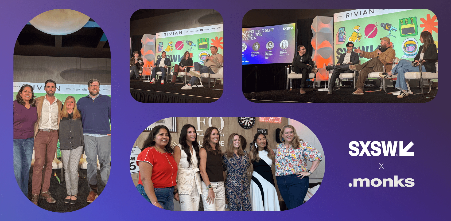The images feature various panel discussions and group photos from the event. Two photos show speakers on a stage with a "Rivian" backdrop and colorful illustrations; one speaker is wearing a brown jacket and a hat while gesturing during a talk. A third photo shows a group of four people standing together in front of a stage, and the fourth photo shows a group of six women smiling together in a lounge area. The SXSW and Monks logos are displayed in the bottom right corner.