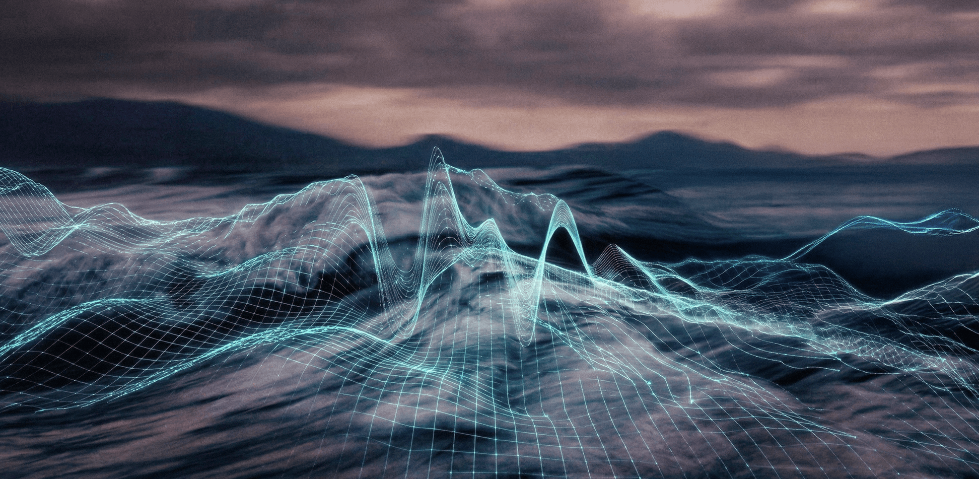 A luminous teal wireframe grid is overlaid on a dark, choppy sea, precisely mapping the peaks and troughs of the turbulent waves. The background features distant, hazy mountains under a heavy, overcast sky tinged with dusky pink and purple light.
