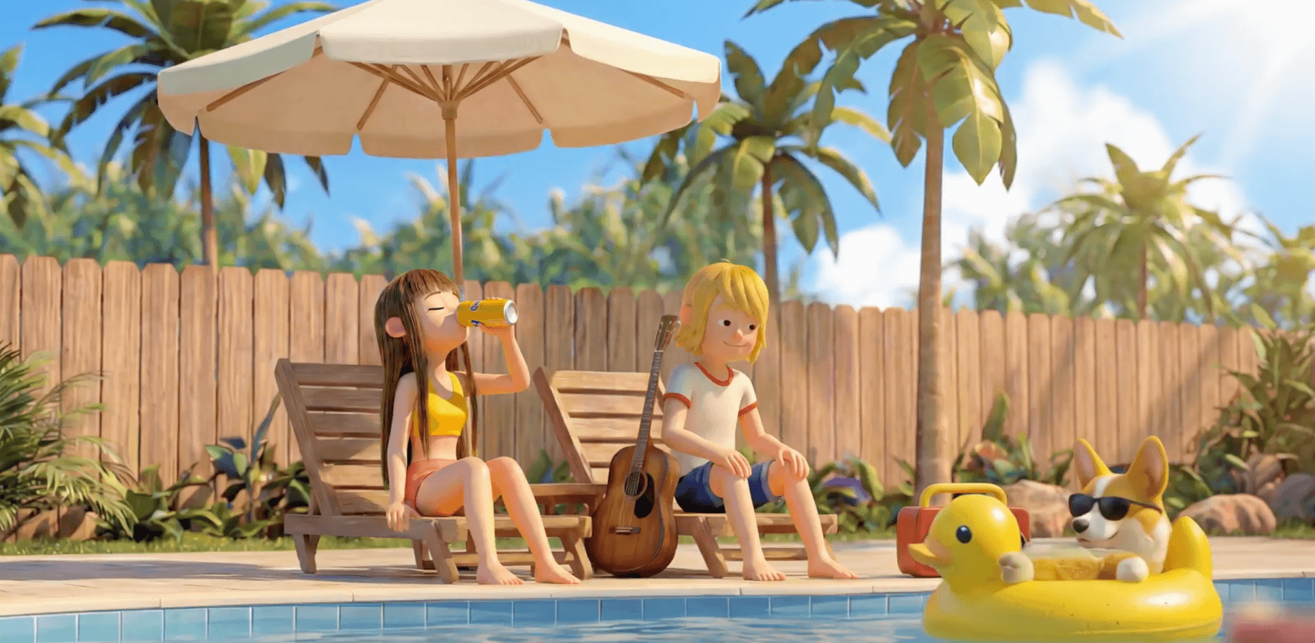 A sunny 3D animated pool scene featuring a brunette girl drinking a can of Chocomel on a lounge chair, a blonde boy sitting beside her with a guitar, and a corgi in sunglasses floating in a duck inner tube nearby.