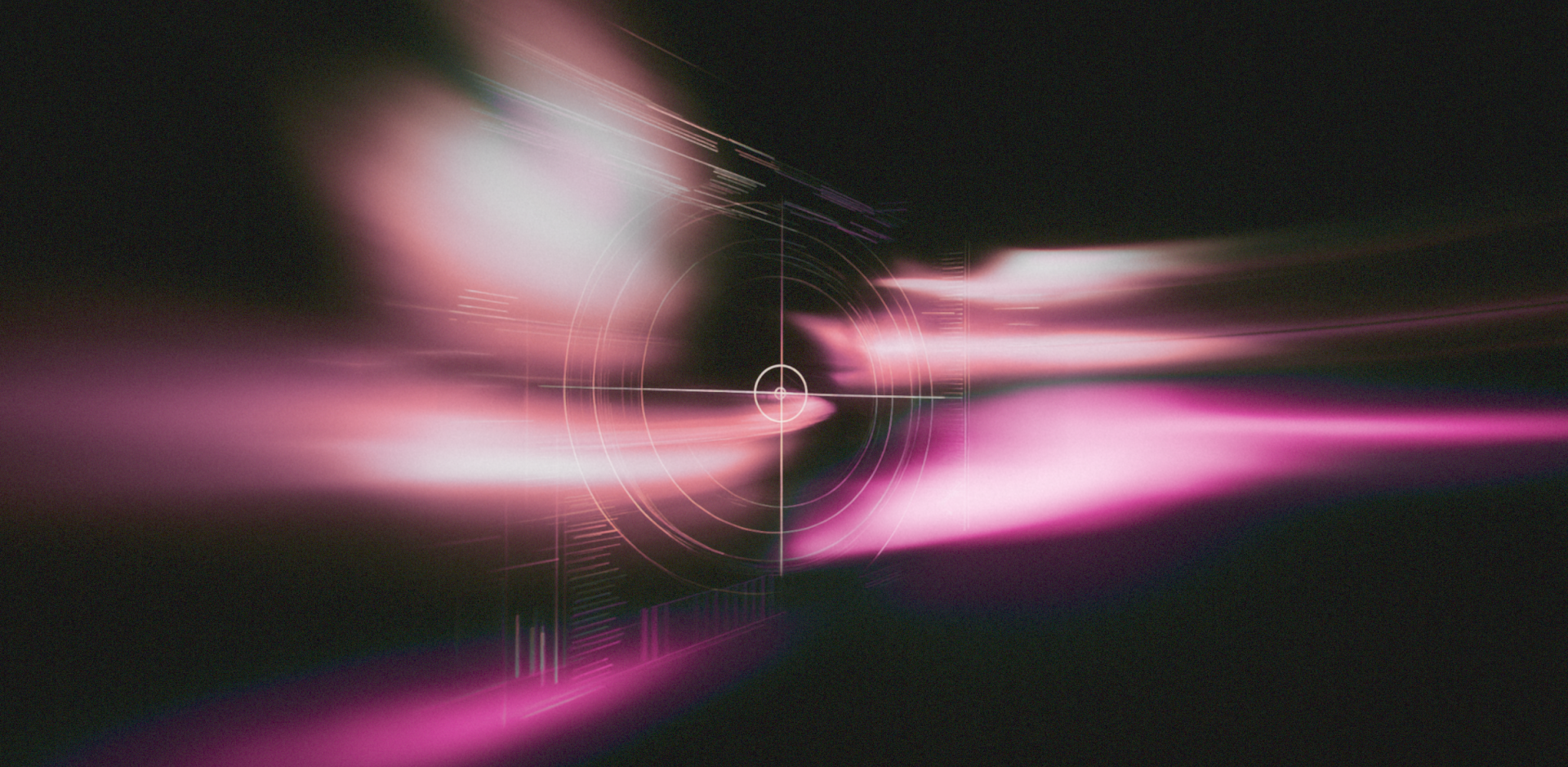 Abstract futuristic graphic with pink and white light trails radiating from a central target