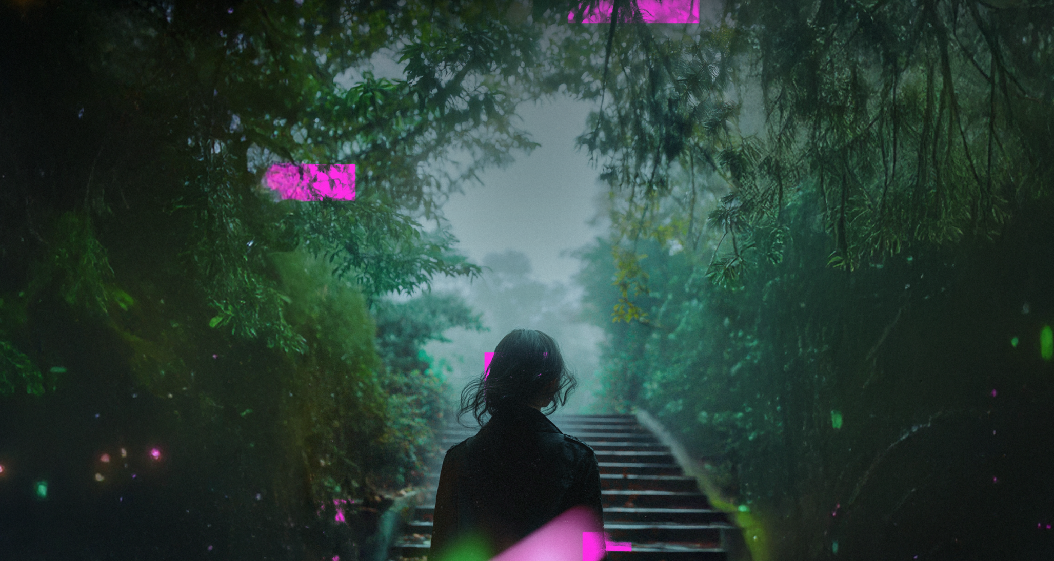 woman walking up stairs to a clearing in a forest