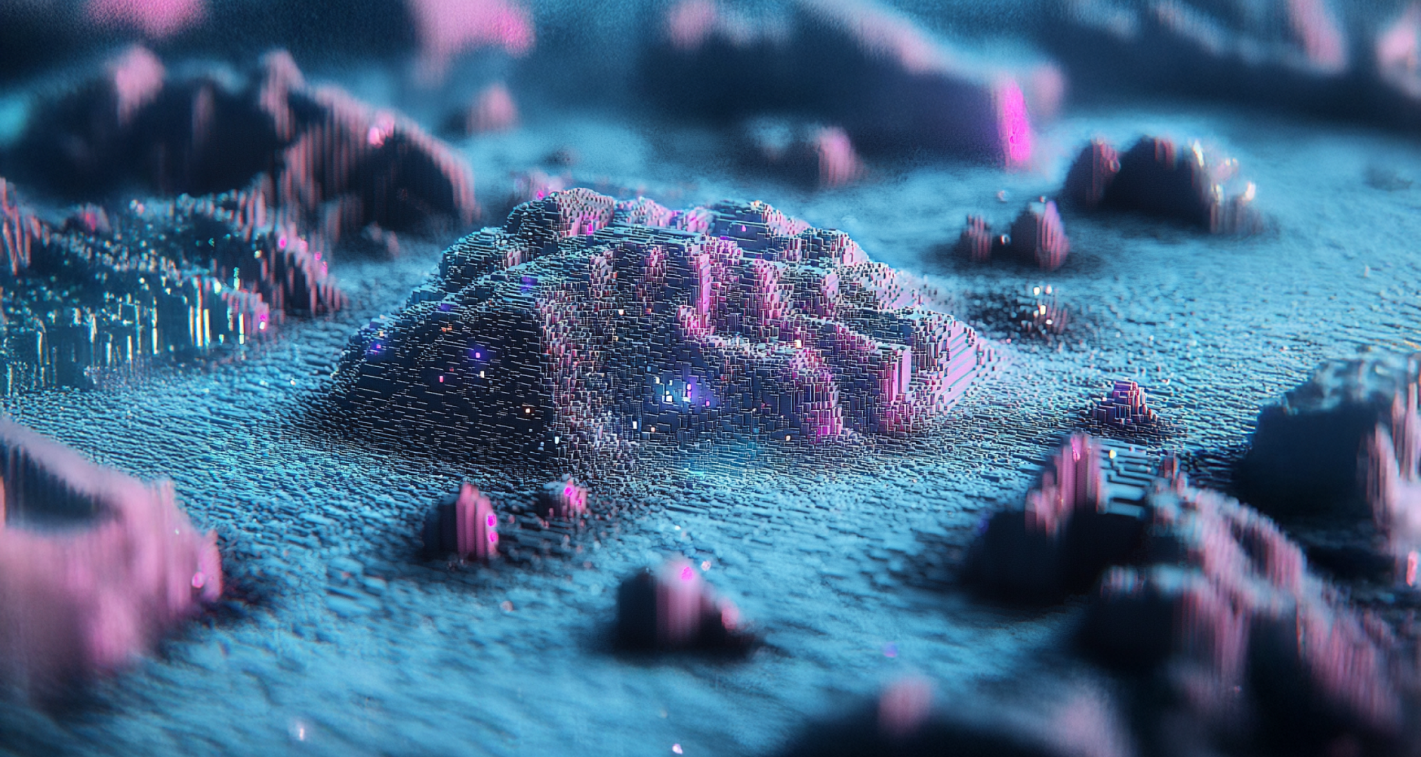 A digital landscape features pixel-like blue and pink block formations resembling futuristic mountains and valleys, softly illuminated with glowing light effects.