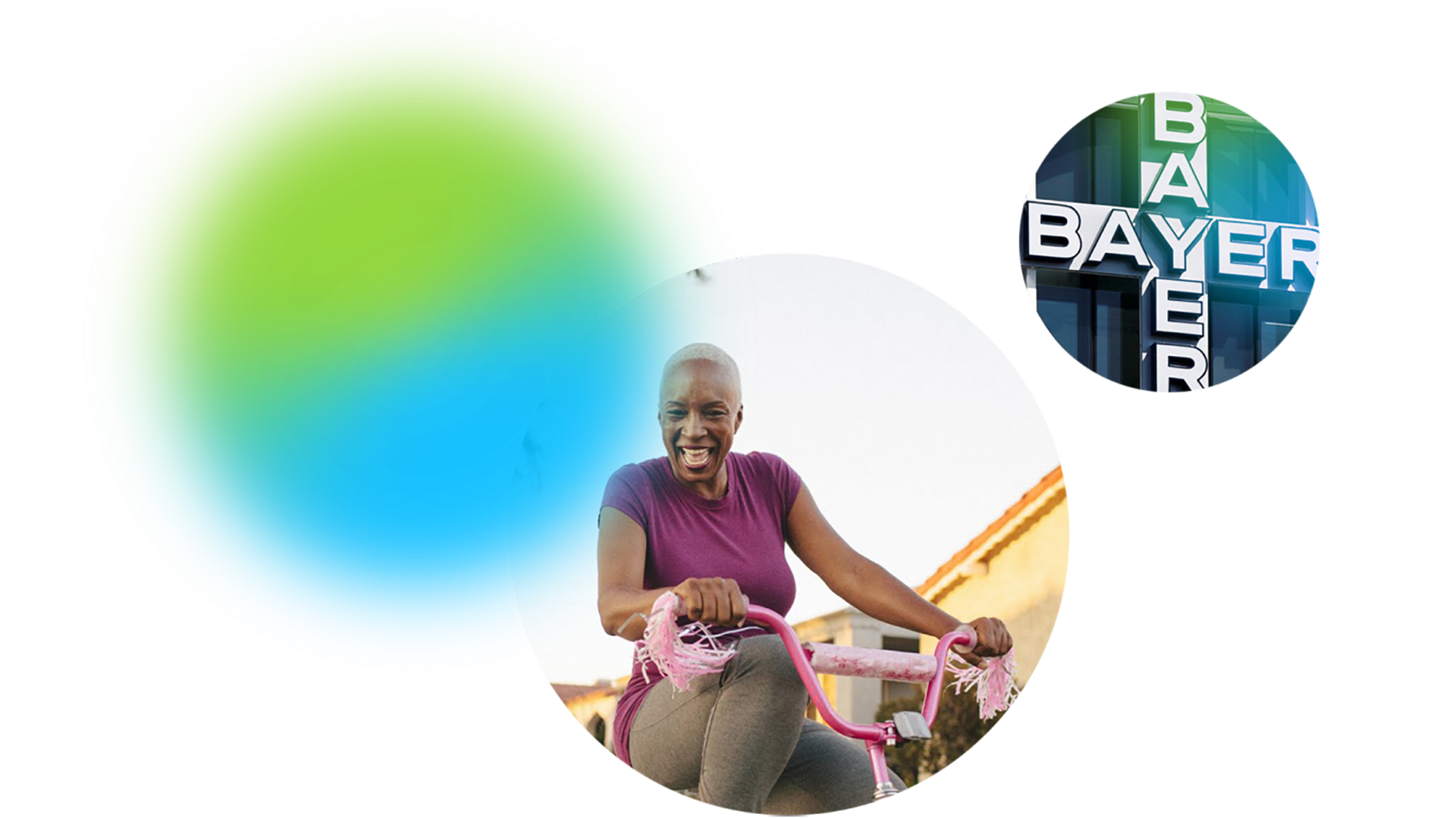 A person on a bicycle along with the bayer logo and a colorful circle
