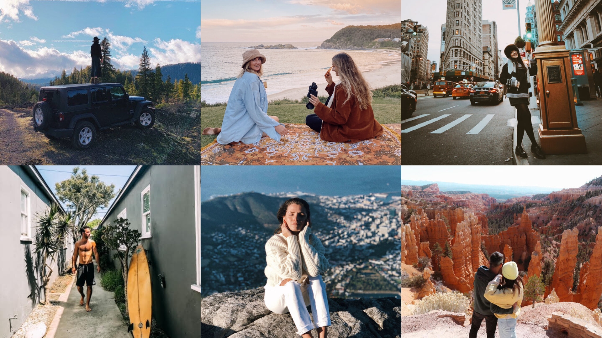 Travelers enjoying different scenes from their vacations